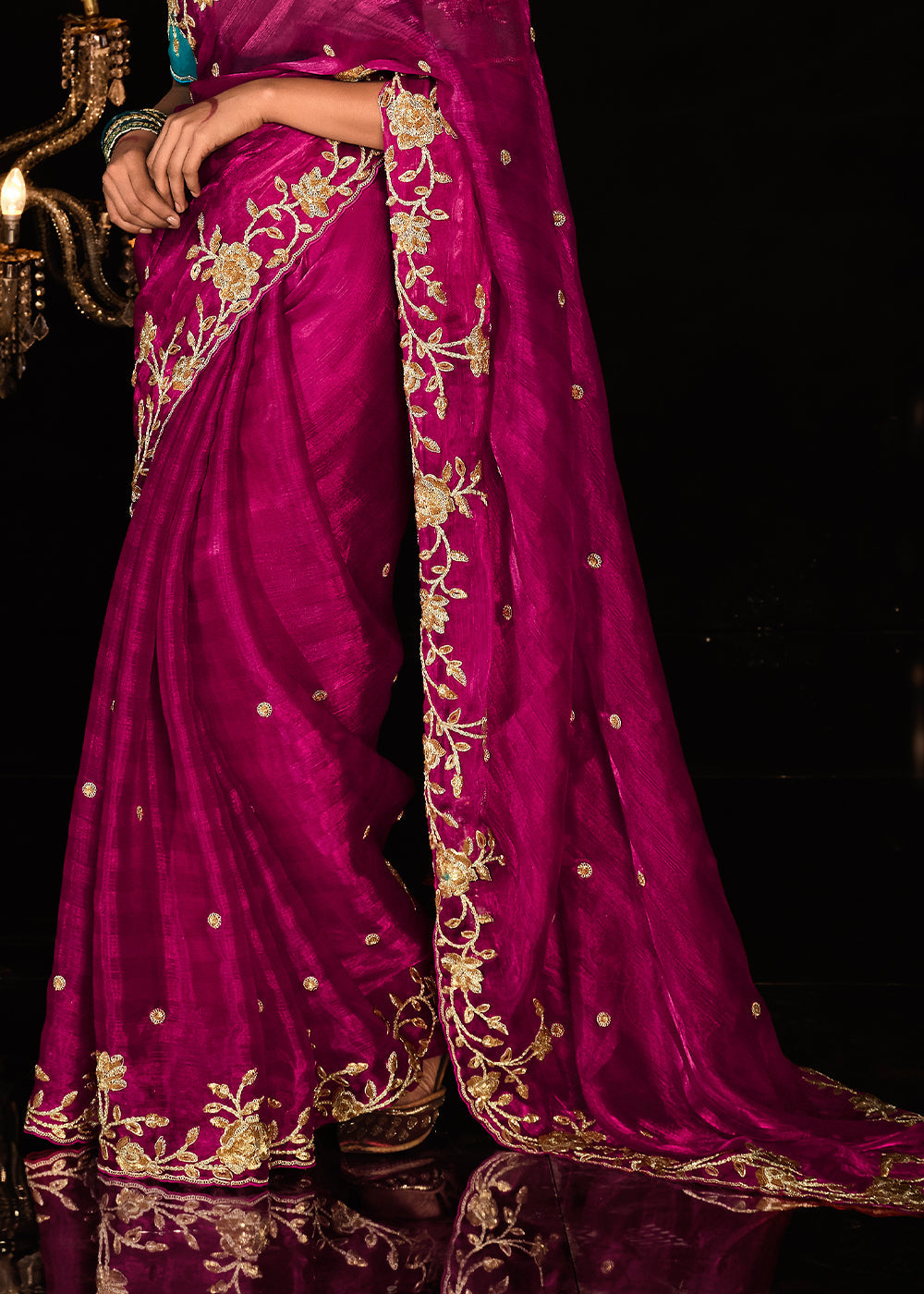 Magenta Pink Satin Silk Saree Embellished with Stone,Sequin,Embroidery & Zarkan work - qivii
