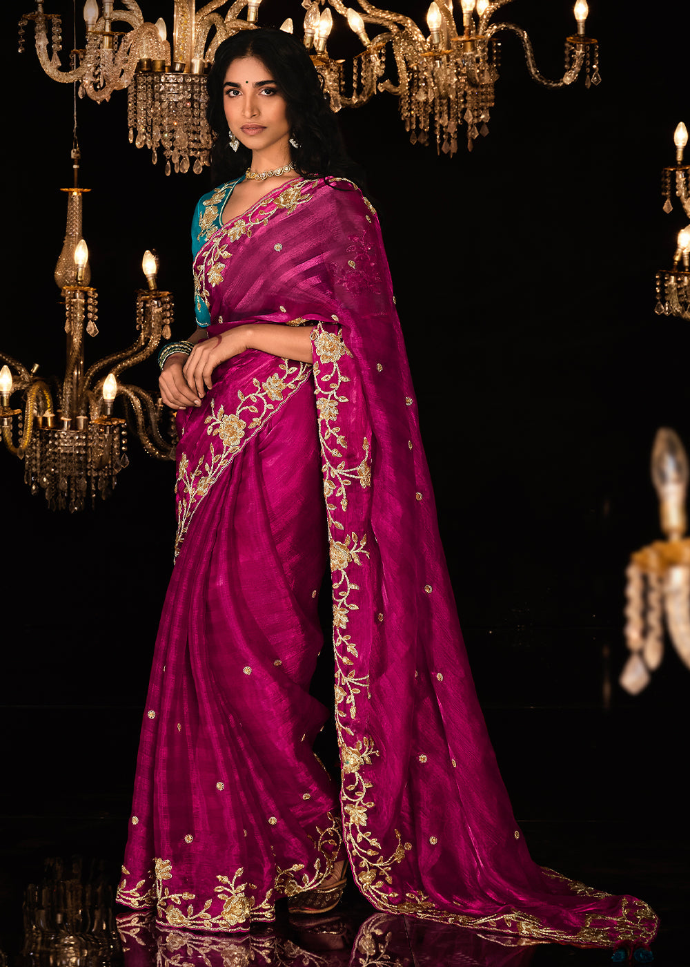 Magenta Pink Satin Silk Saree Embellished with Stone,Sequin,Embroidery & Zarkan work - qivii