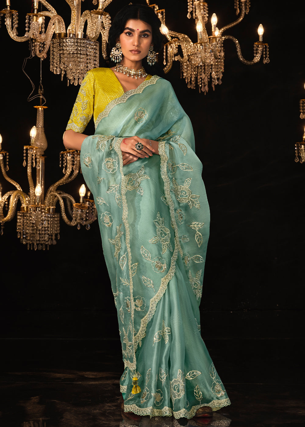 Celeste Blue Satin Silk Saree Embellished with Stone,Sequin,Embroidery & Zarkan work - qivii