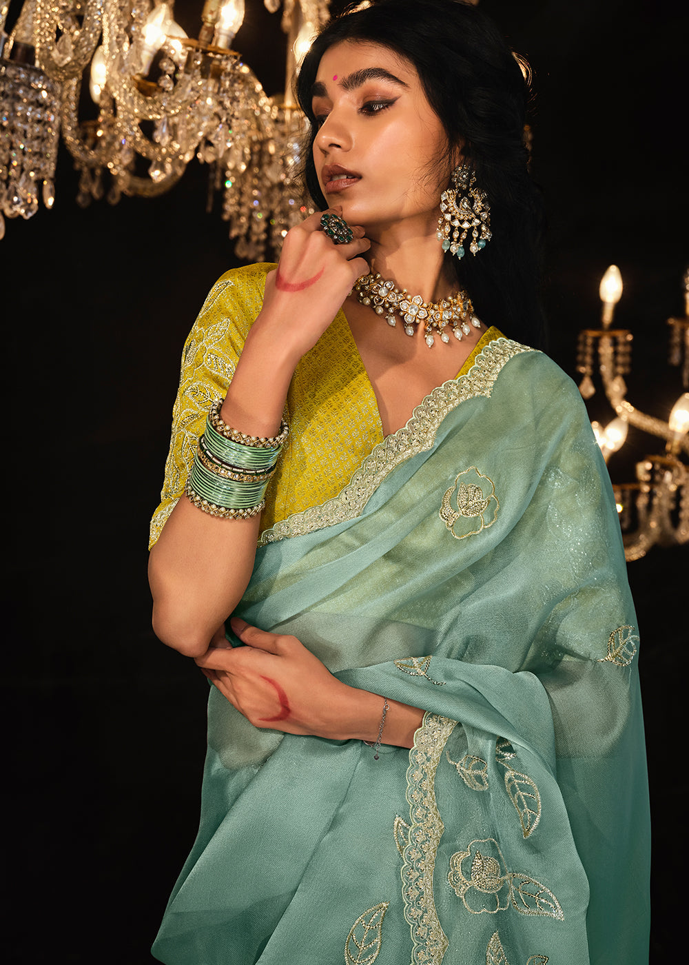 Celeste Blue Satin Silk Saree Embellished with Stone,Sequin,Embroidery & Zarkan work - qivii