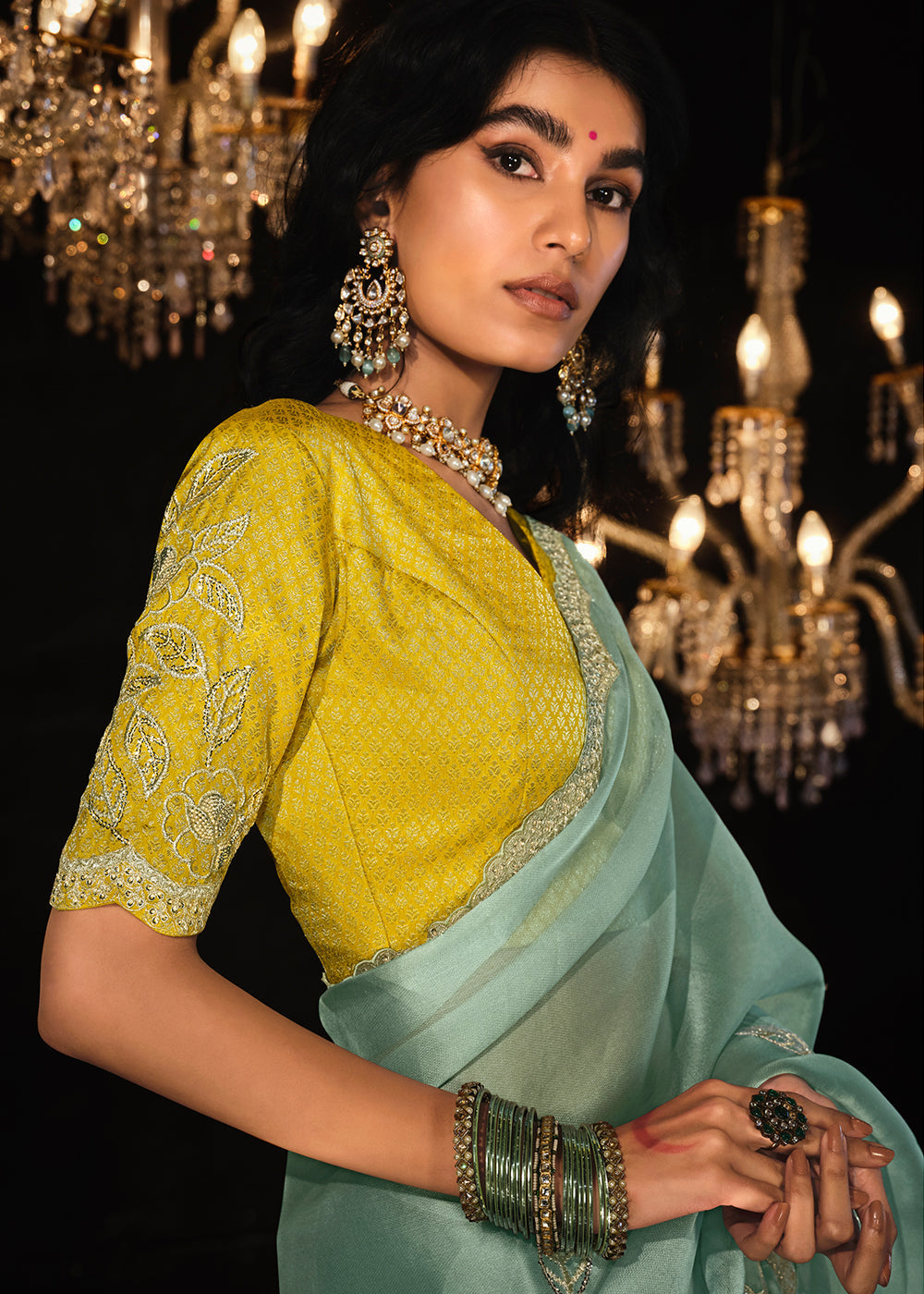 Celeste Blue Satin Silk Saree Embellished with Stone,Sequin,Embroidery & Zarkan work - qivii