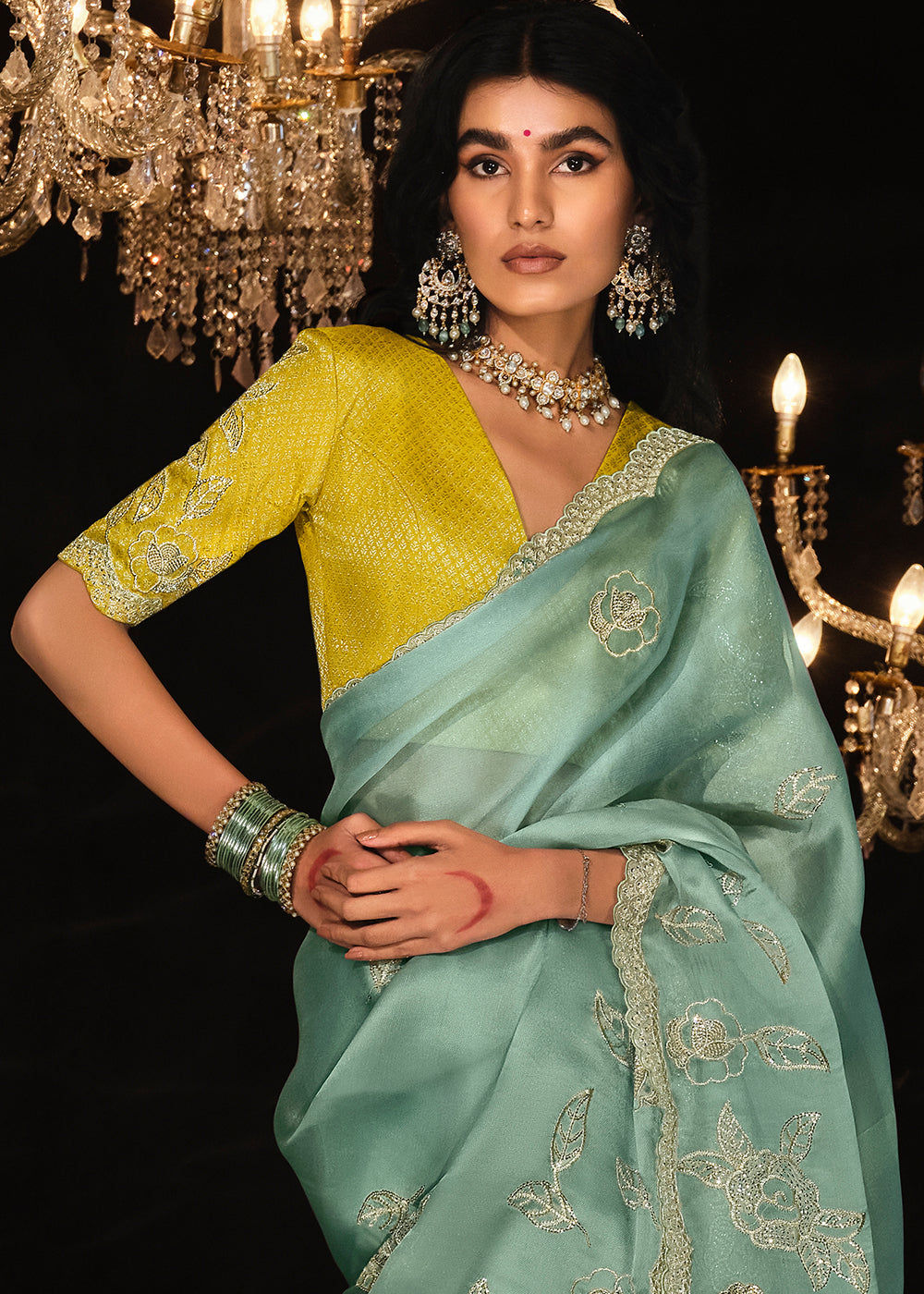 Celeste Blue Satin Silk Saree Embellished with Stone,Sequin,Embroidery & Zarkan work - qivii