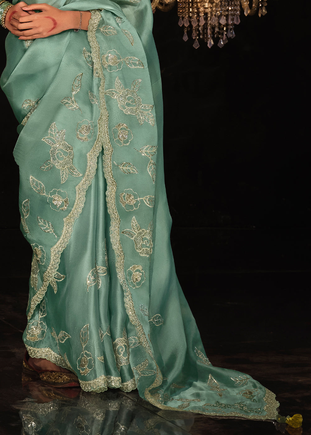 Celeste Blue Satin Silk Saree Embellished with Stone,Sequin,Embroidery & Zarkan work - qivii