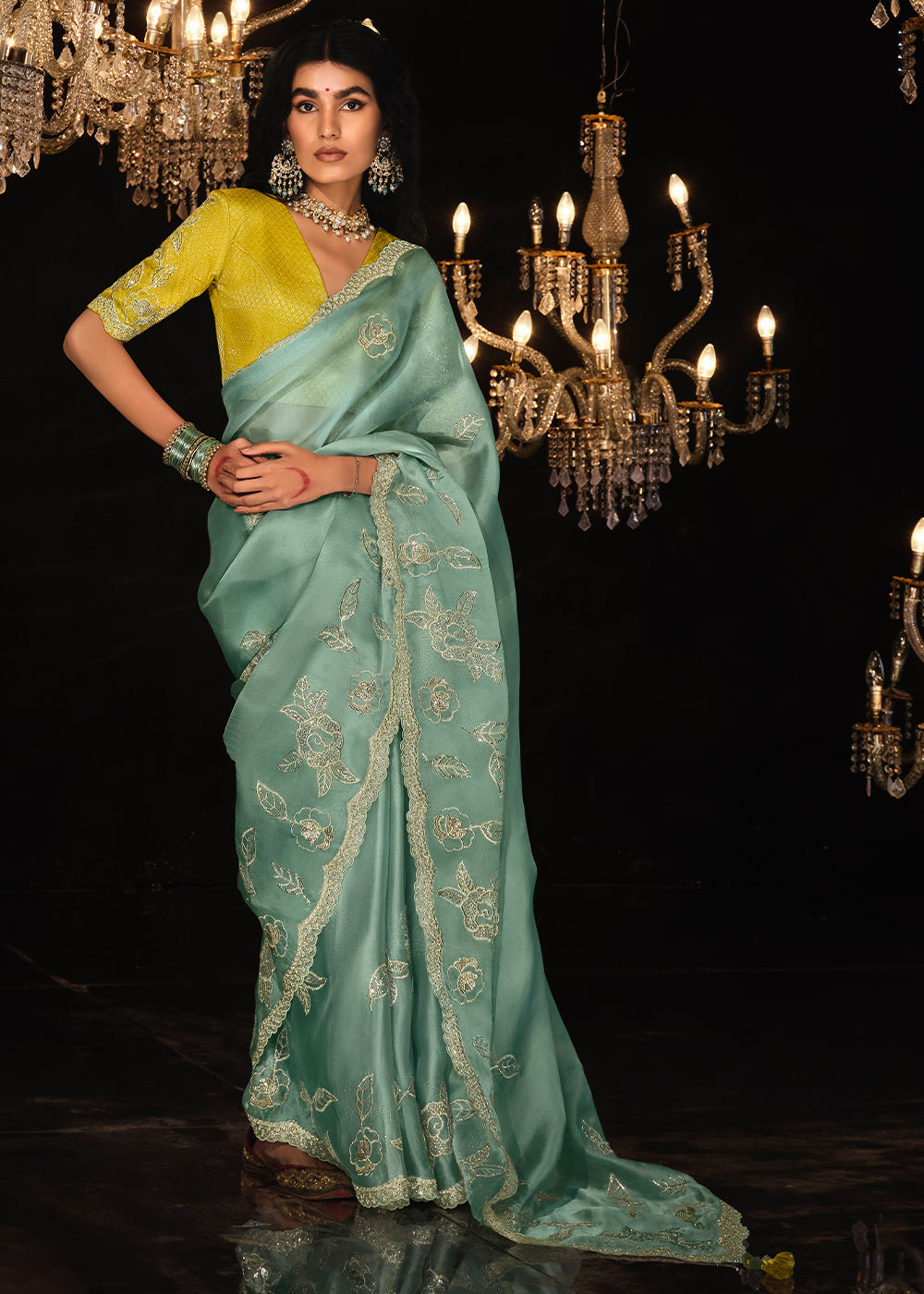 Celeste Blue Satin Silk Saree Embellished with Stone,Sequin,Embroidery & Zarkan work - qivii
