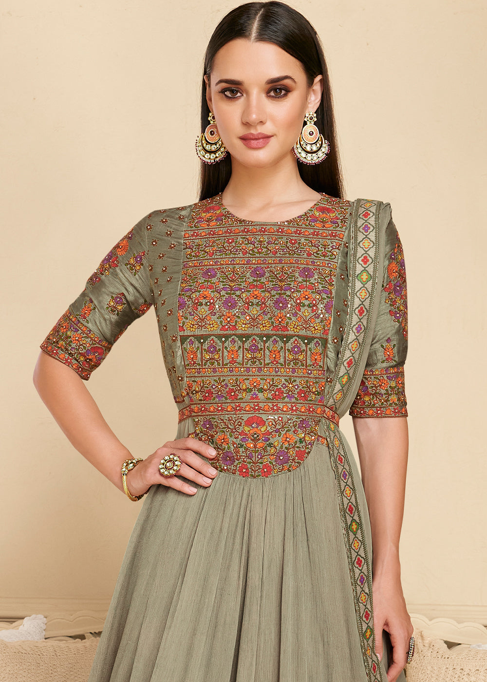 Shades Of Green Designer Georgette  Anarkali Suit with Embroidery work By Qivii