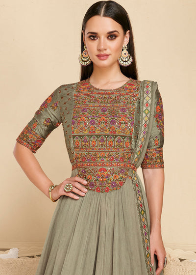 Shades Of Green Designer Georgette  Anarkali Suit with Embroidery work By Qivii