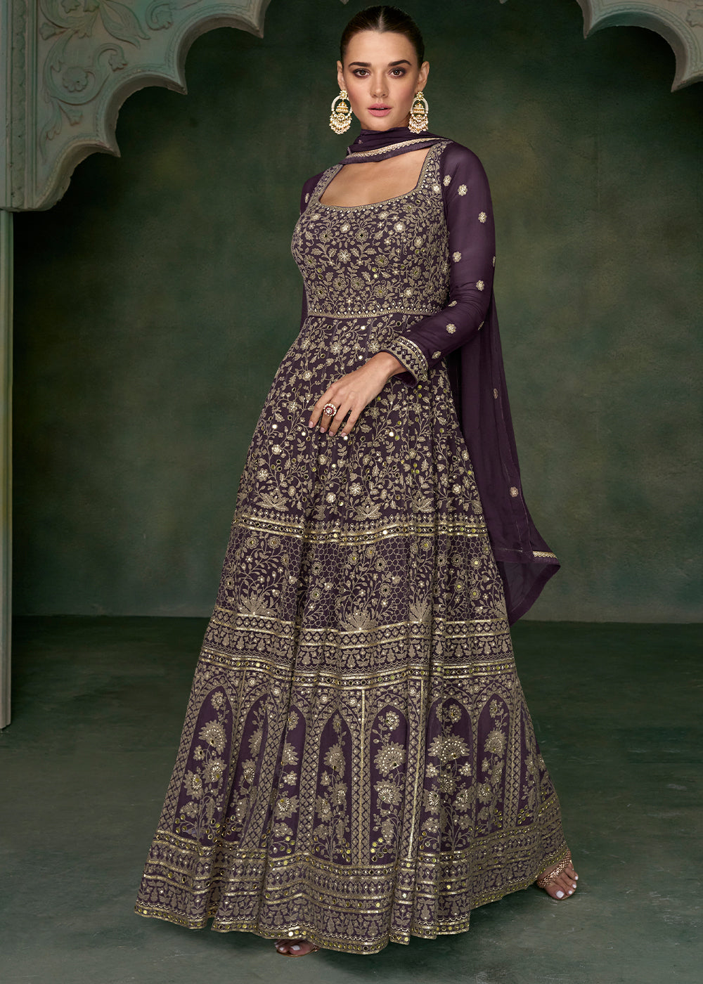 Midnight Purple Georgette Front Embroidered Anarkali Suit By Qivii
