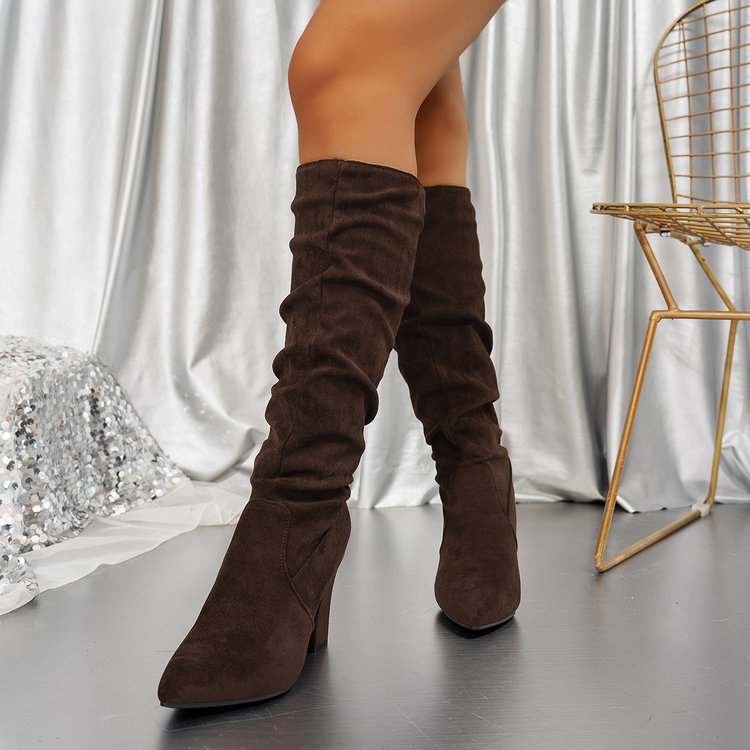 Women’s Suede ChunkyEdge Knee-High Boots – Pointed Toe Chunky Heel Tall Boots (US 4–10.5)