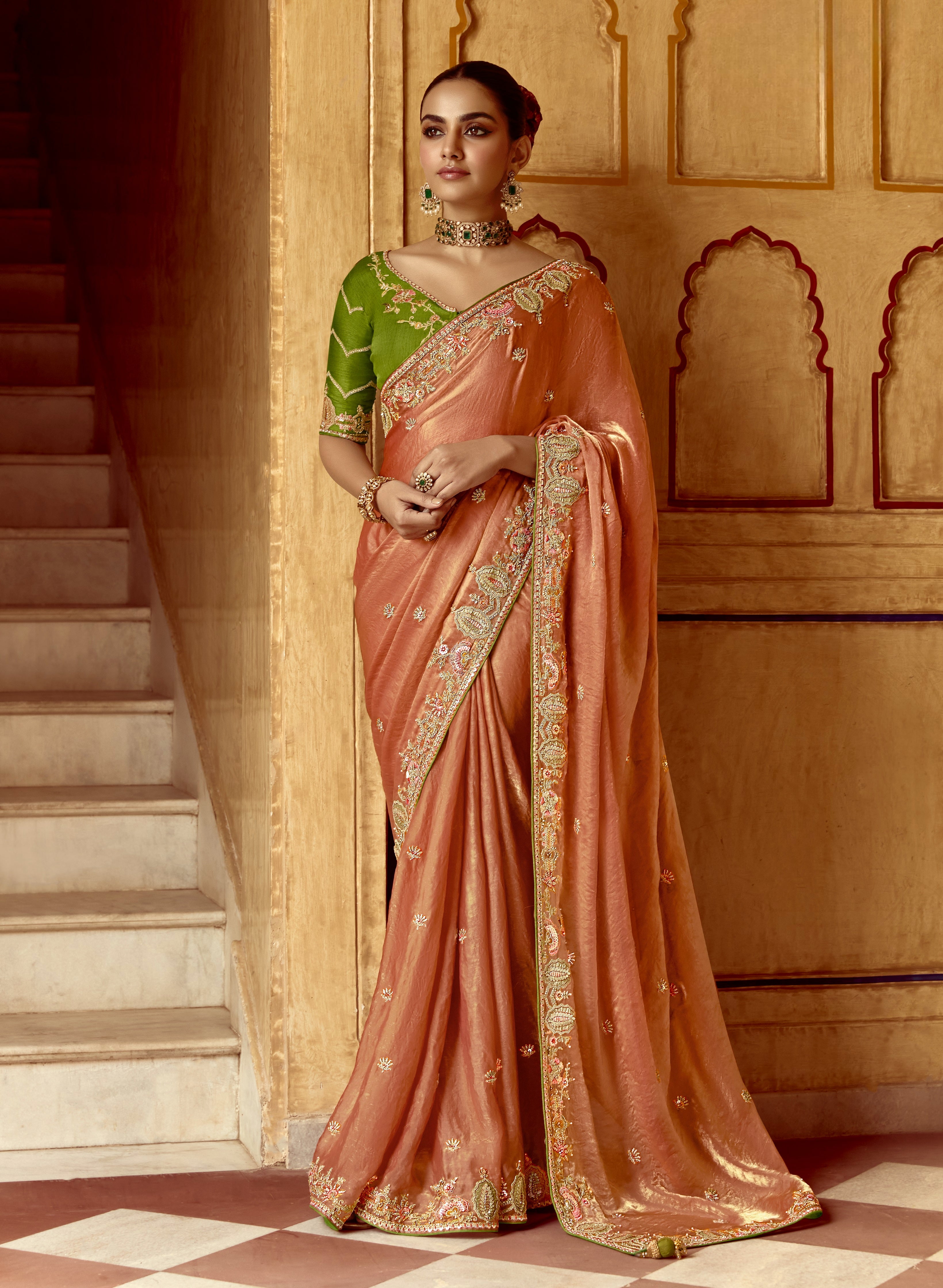 Peach Fancy Fabric Beautified With Sequins ,Dhaga ,Thread Embroidered Work Saree - qivii