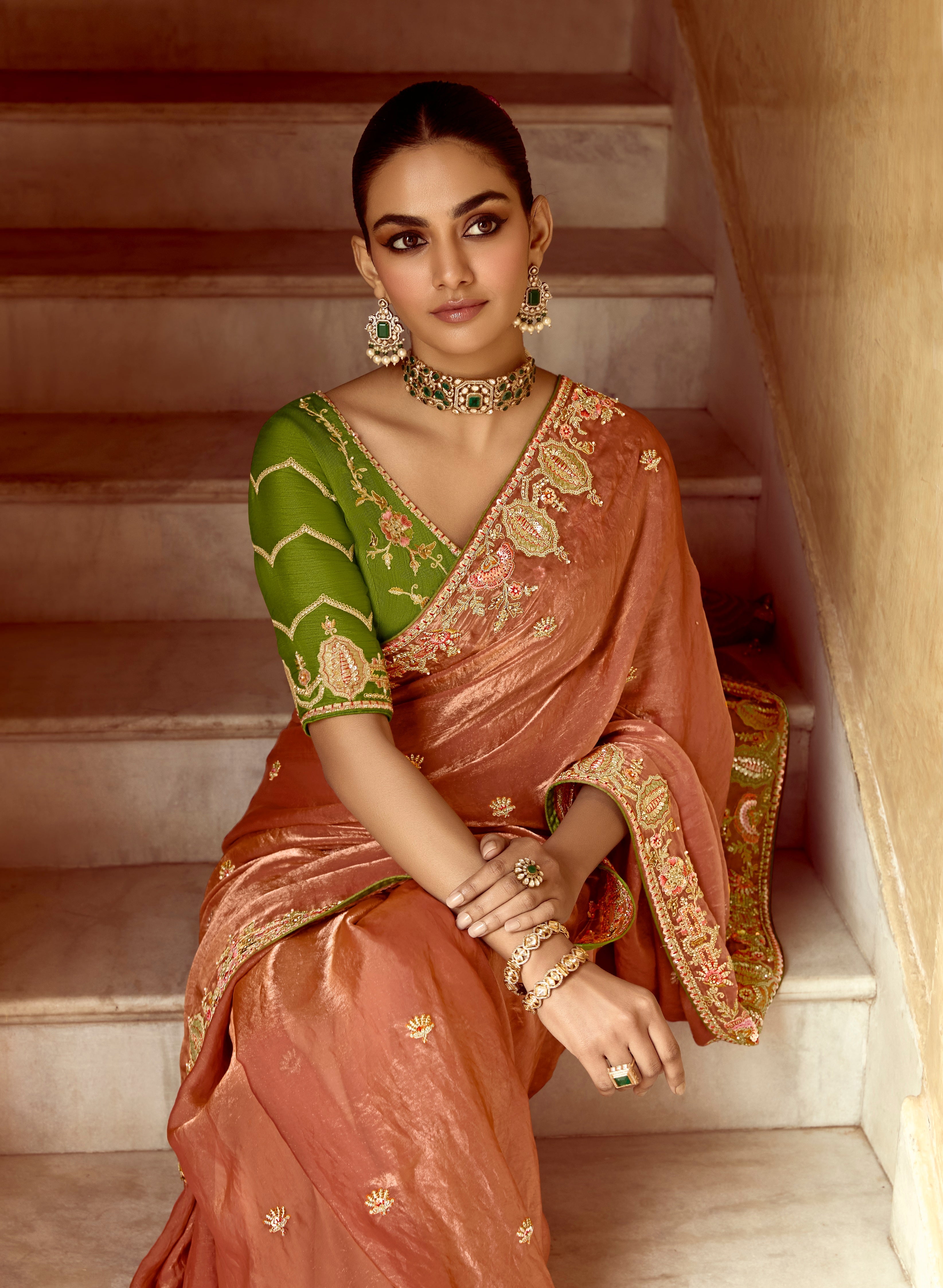 Peach Fancy Fabric Beautified With Sequins ,Dhaga ,Thread Embroidered Work Saree - qivii