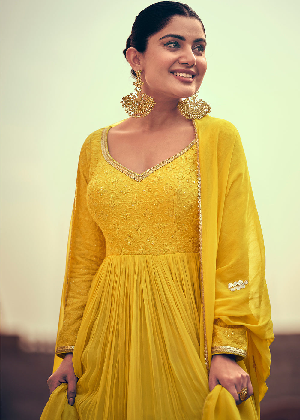 Butter Yellow Georgette Designer Anarkali Suit with Floral Embroidery work - qivii
