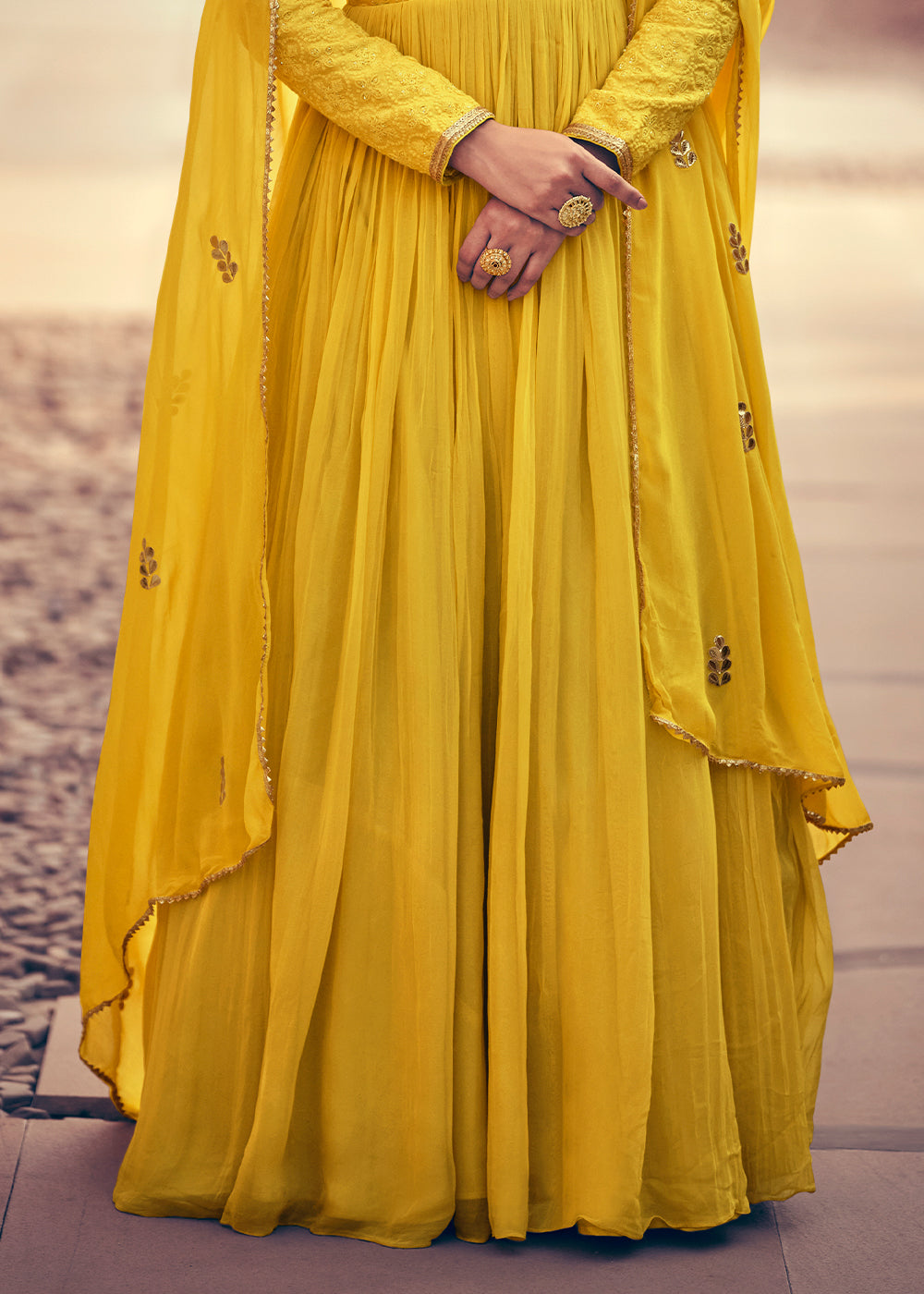 Butter Yellow Georgette Designer Anarkali Suit with Floral Embroidery work - qivii