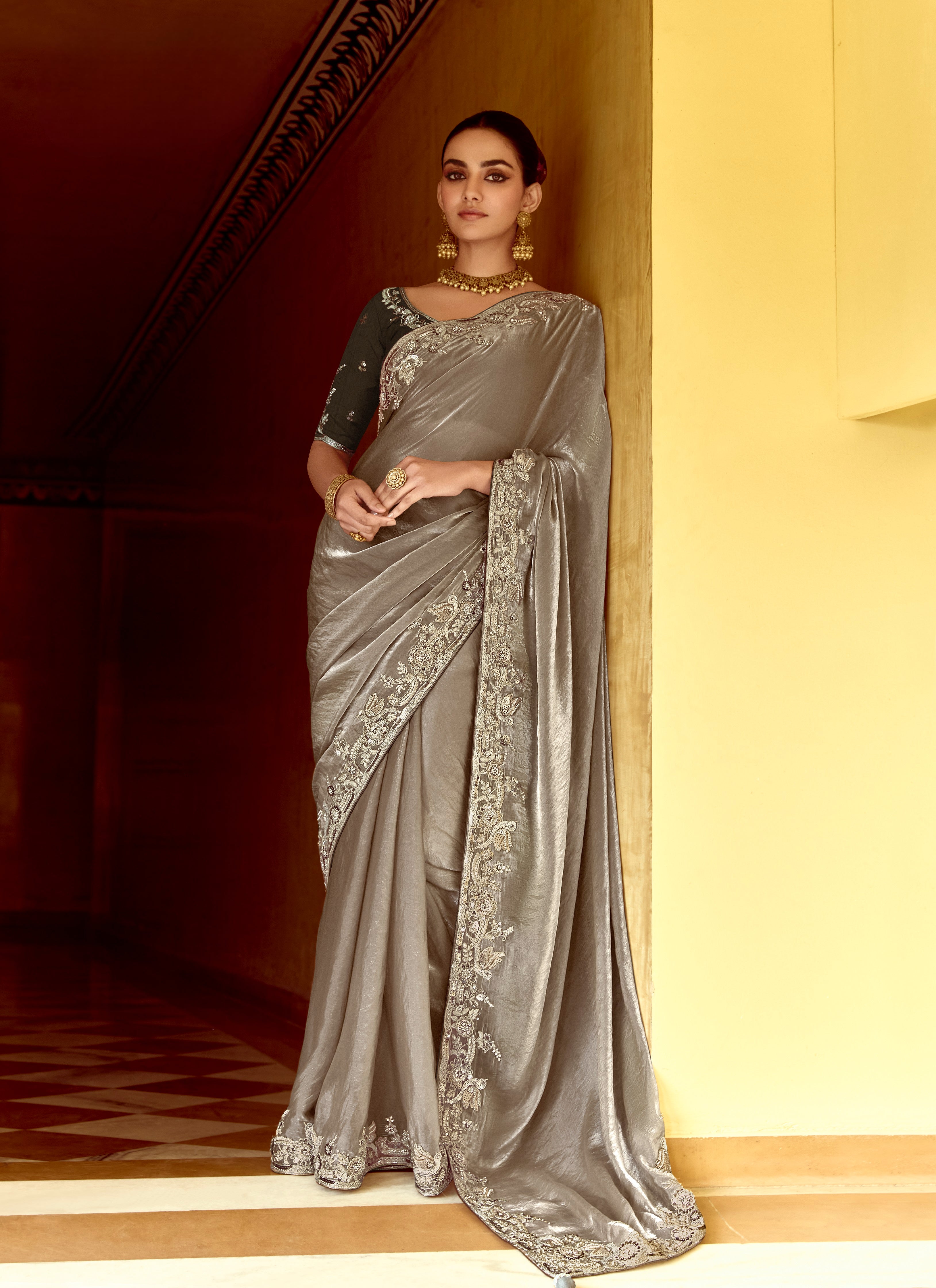 Silver Fancy Fabric Beautified With Sequins ,Dhaga ,Thread Embroidered Work Saree - qivii