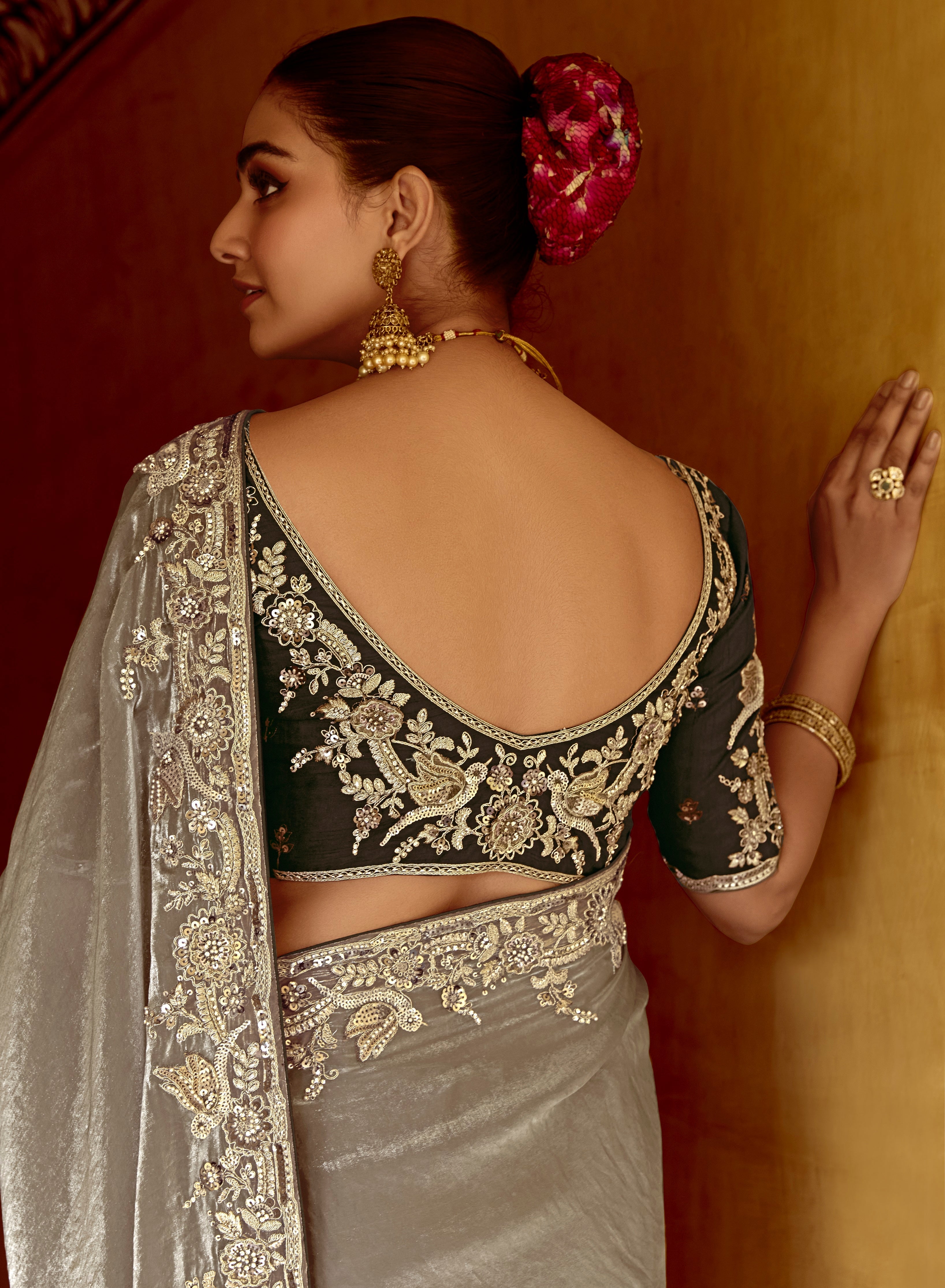 Silver Fancy Fabric Beautified With Sequins ,Dhaga ,Thread Embroidered Work Saree - qivii
