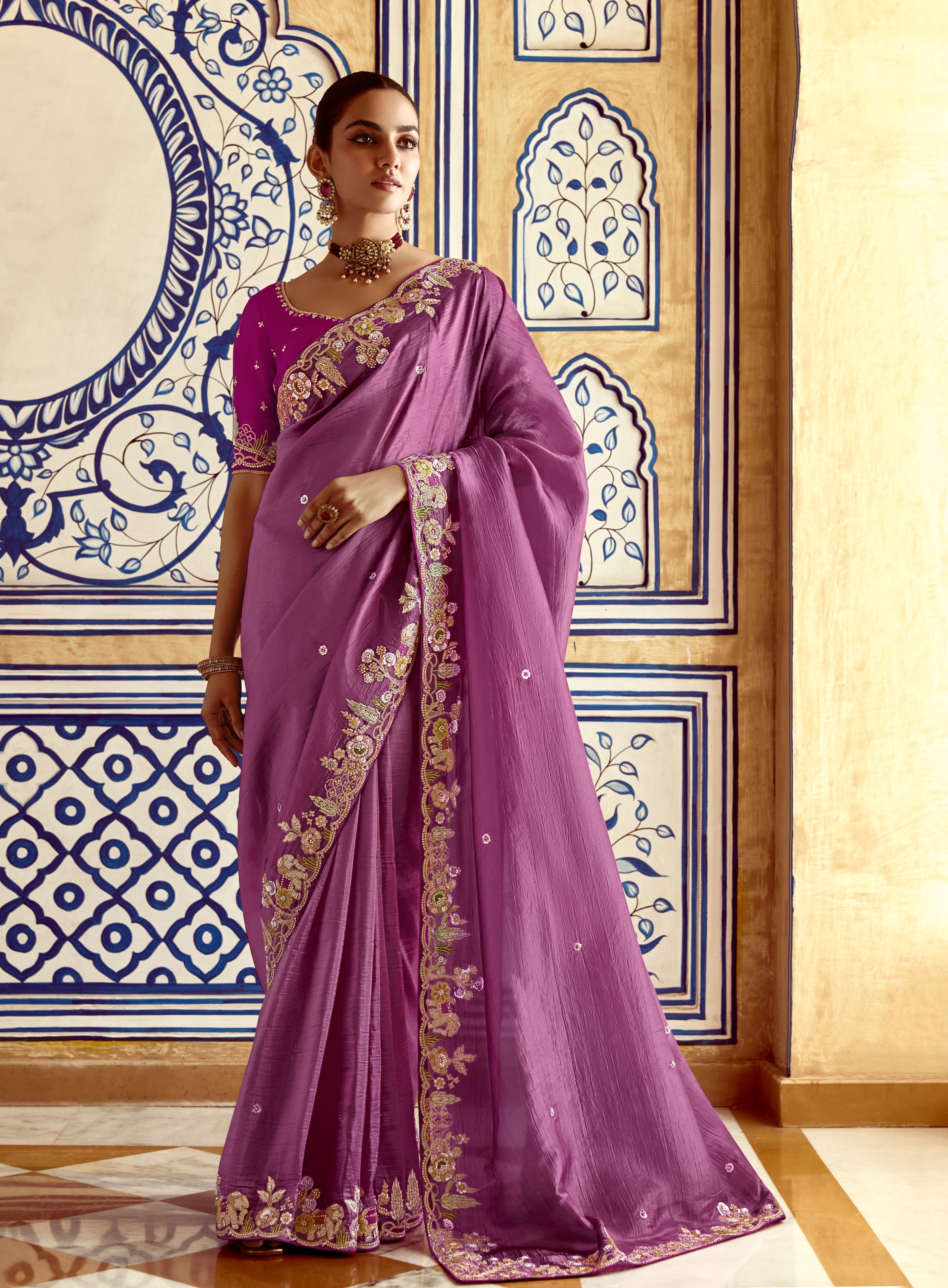 Purple Fancy Fabric Beautified With Sequins ,Dhaga ,Thread Embroidered Work Saree - qivii