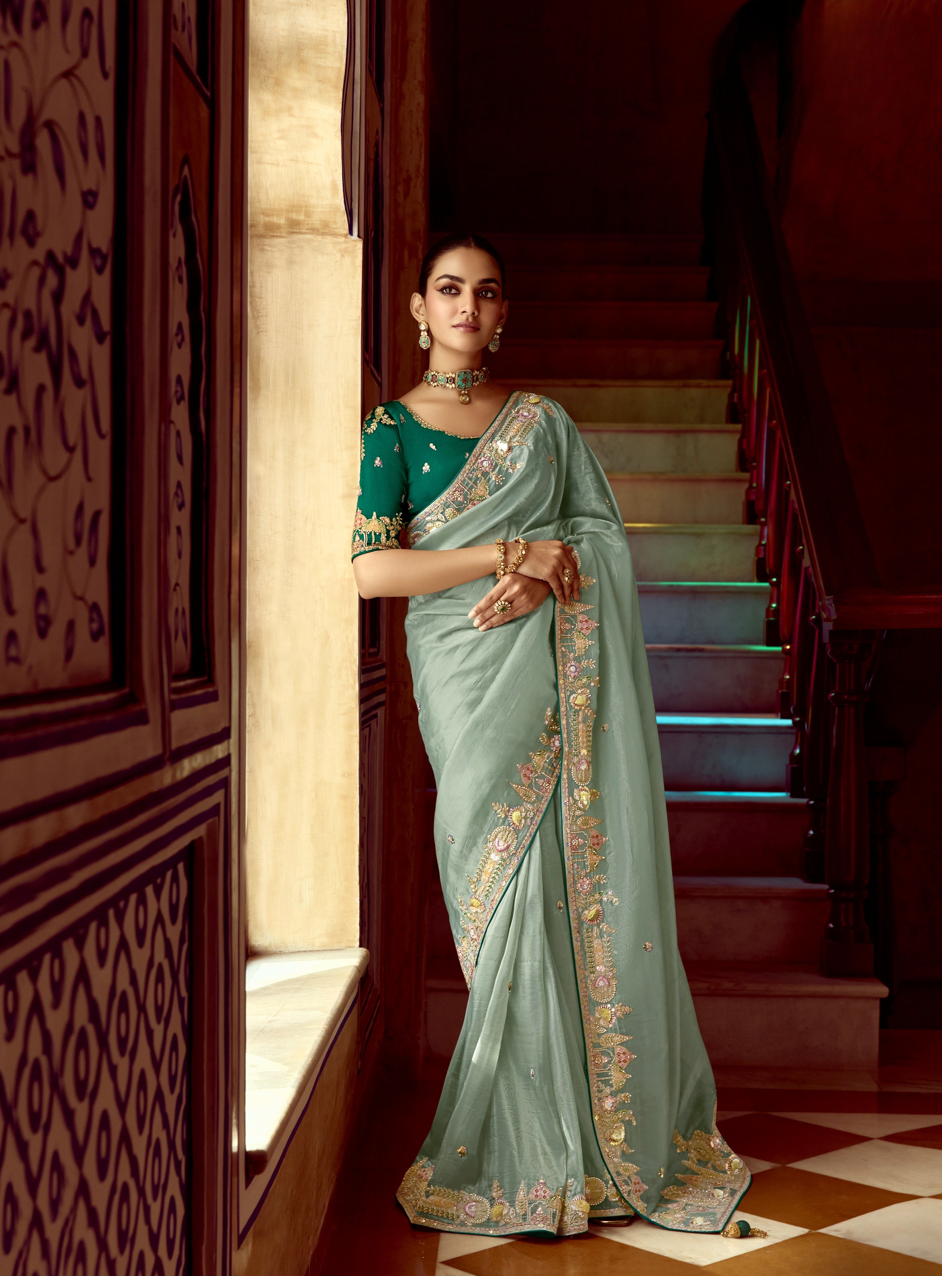 Lite Blue Fancy Fabric Beautified With Sequins ,Dhaga ,Thread Embroidered Work Saree - qivii