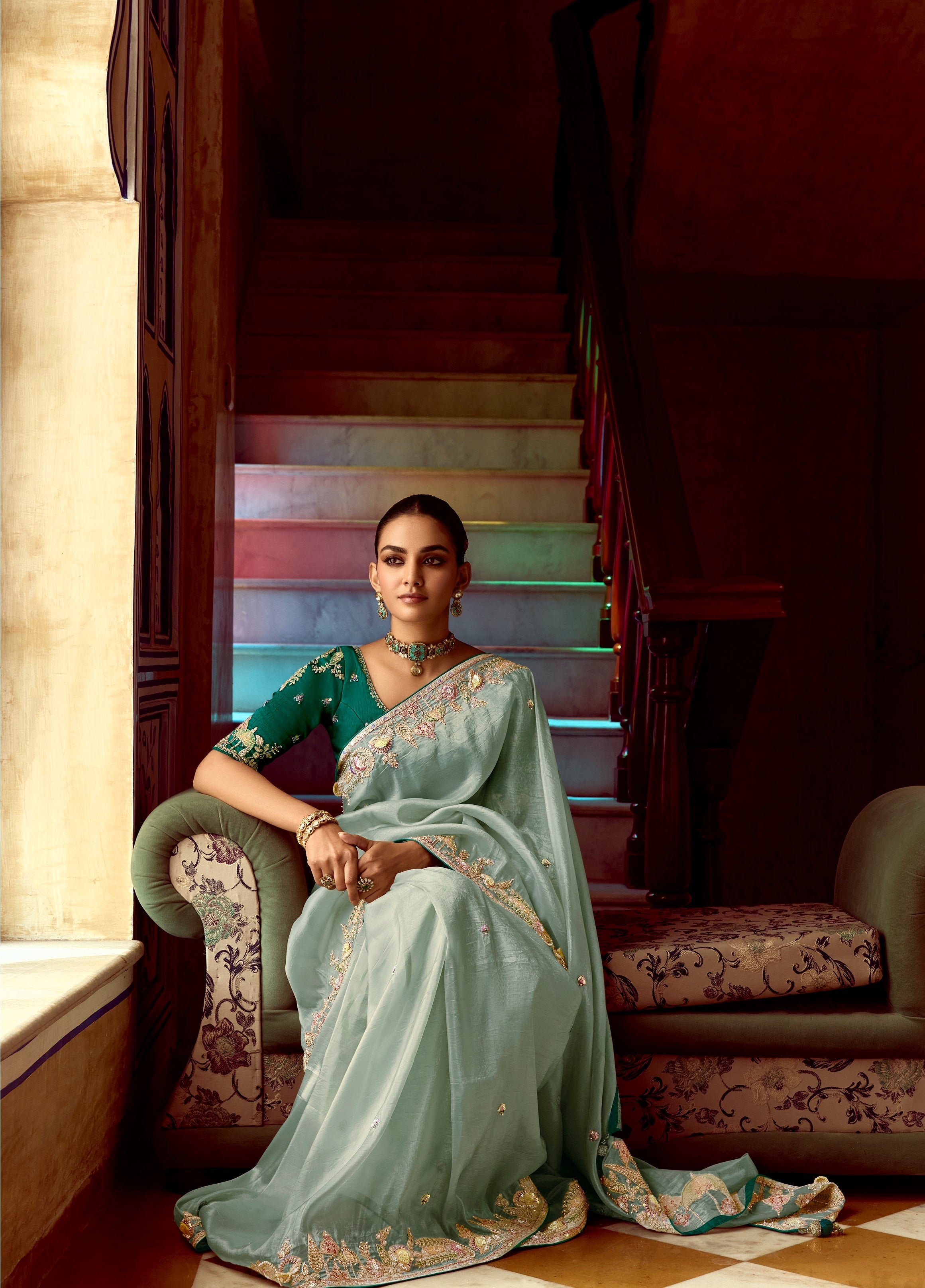 Lite Blue Fancy Fabric Beautified With Sequins ,Dhaga ,Thread Embroidered Work Saree - qivii