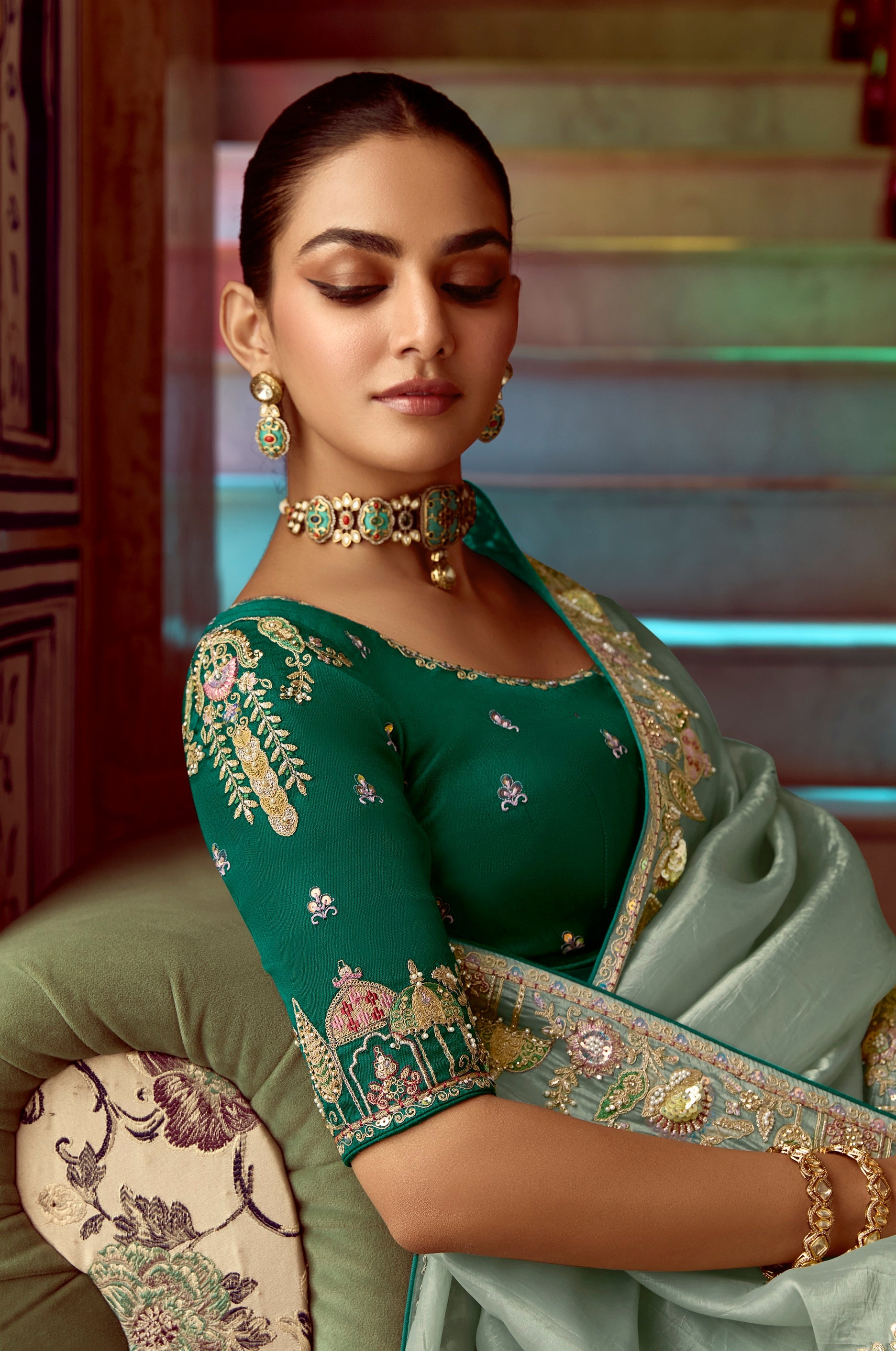 Lite Blue Fancy Fabric Beautified With Sequins ,Dhaga ,Thread Embroidered Work Saree - qivii