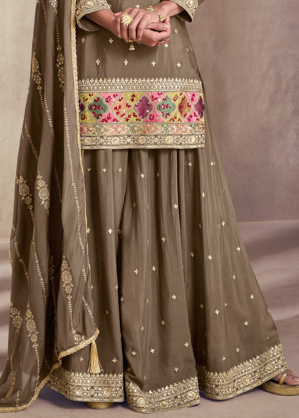 Greige Grey Designer Embroidered Silk Sharara Suit By Qivii