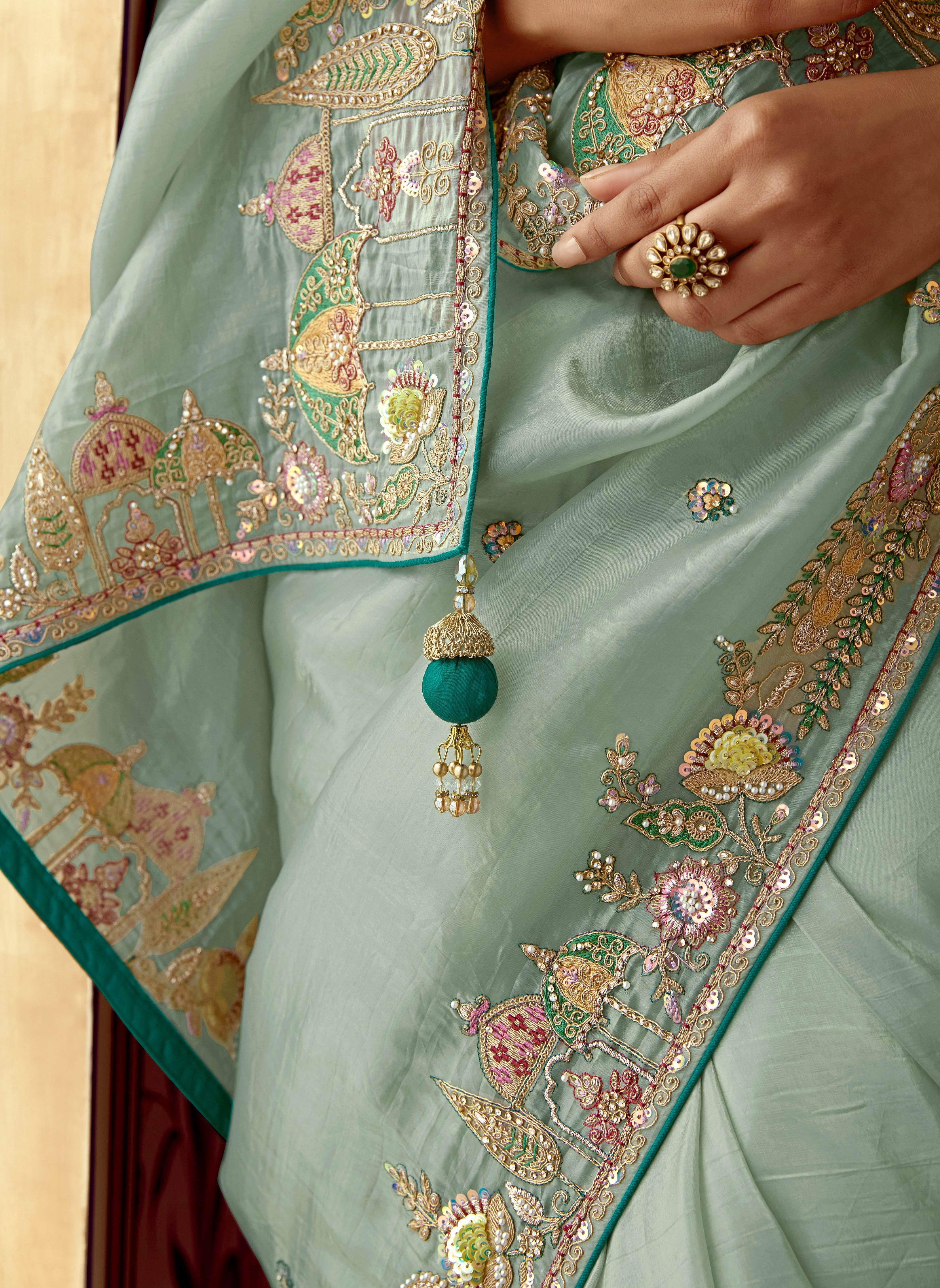 Lite Blue Fancy Fabric Beautified With Sequins ,Dhaga ,Thread Embroidered Work Saree - qivii