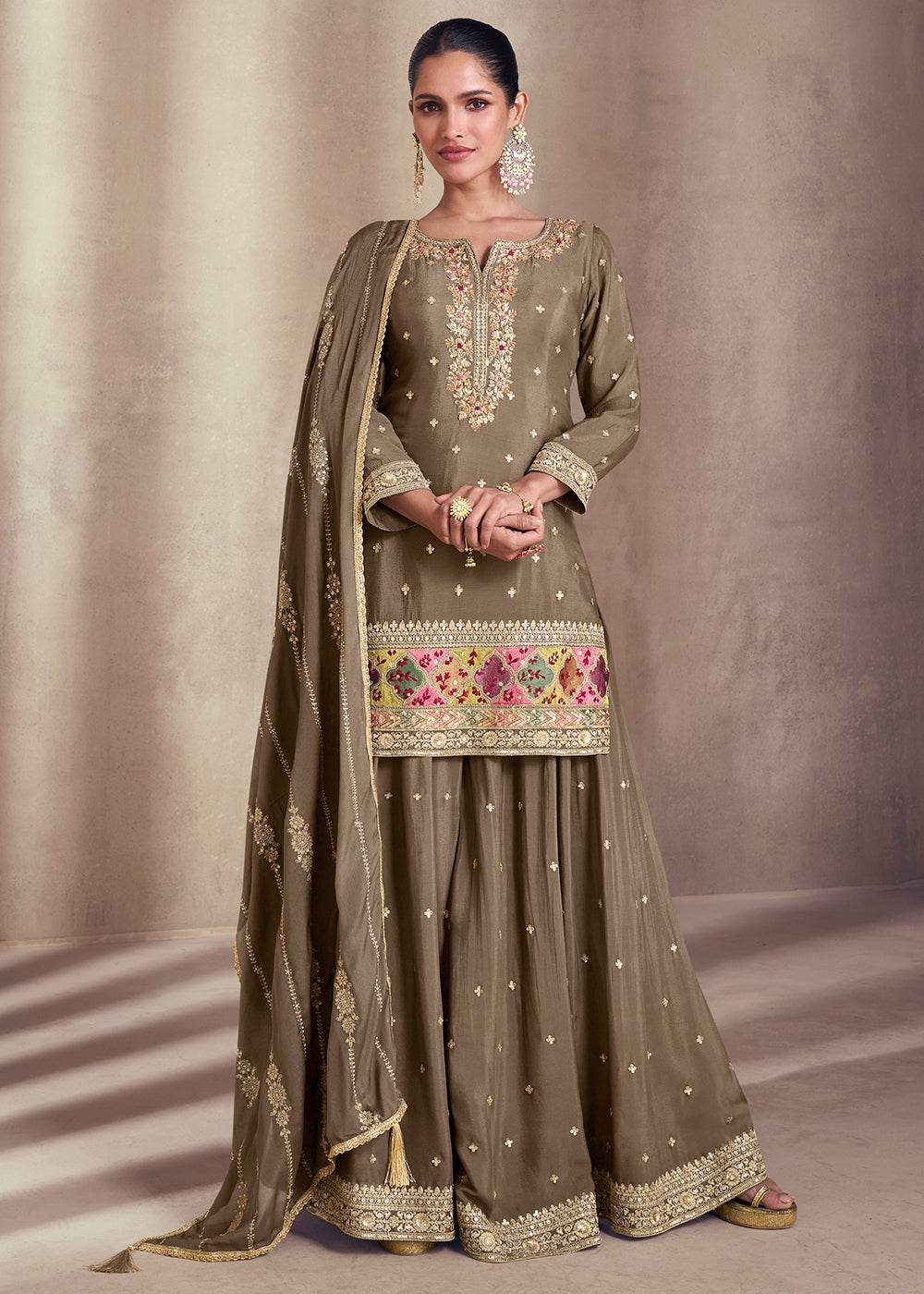 Greige Grey Designer Embroidered Silk Sharara Suit By Qivii