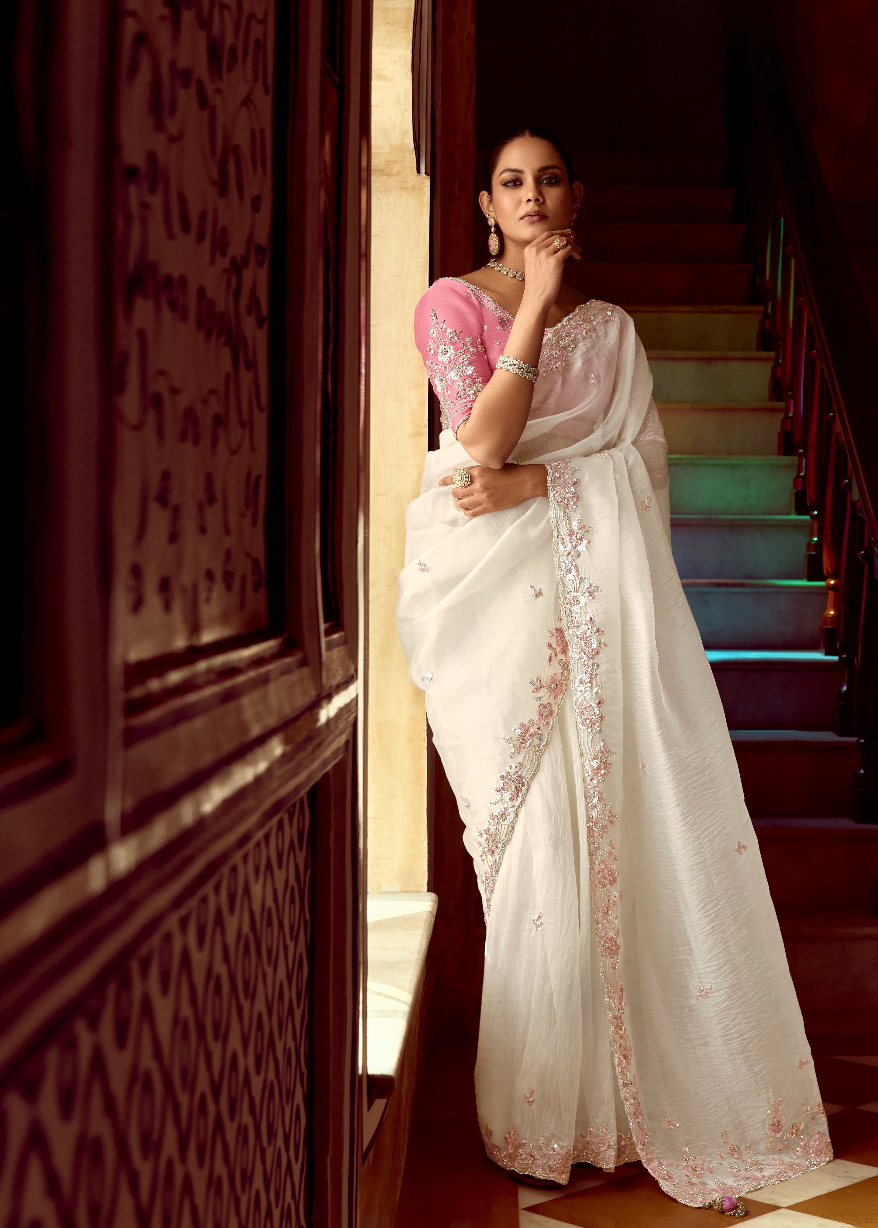 Off White Fancy Fabric Beautified With Sequins ,Dhaga ,Thread Embroidered Work Saree - qivii