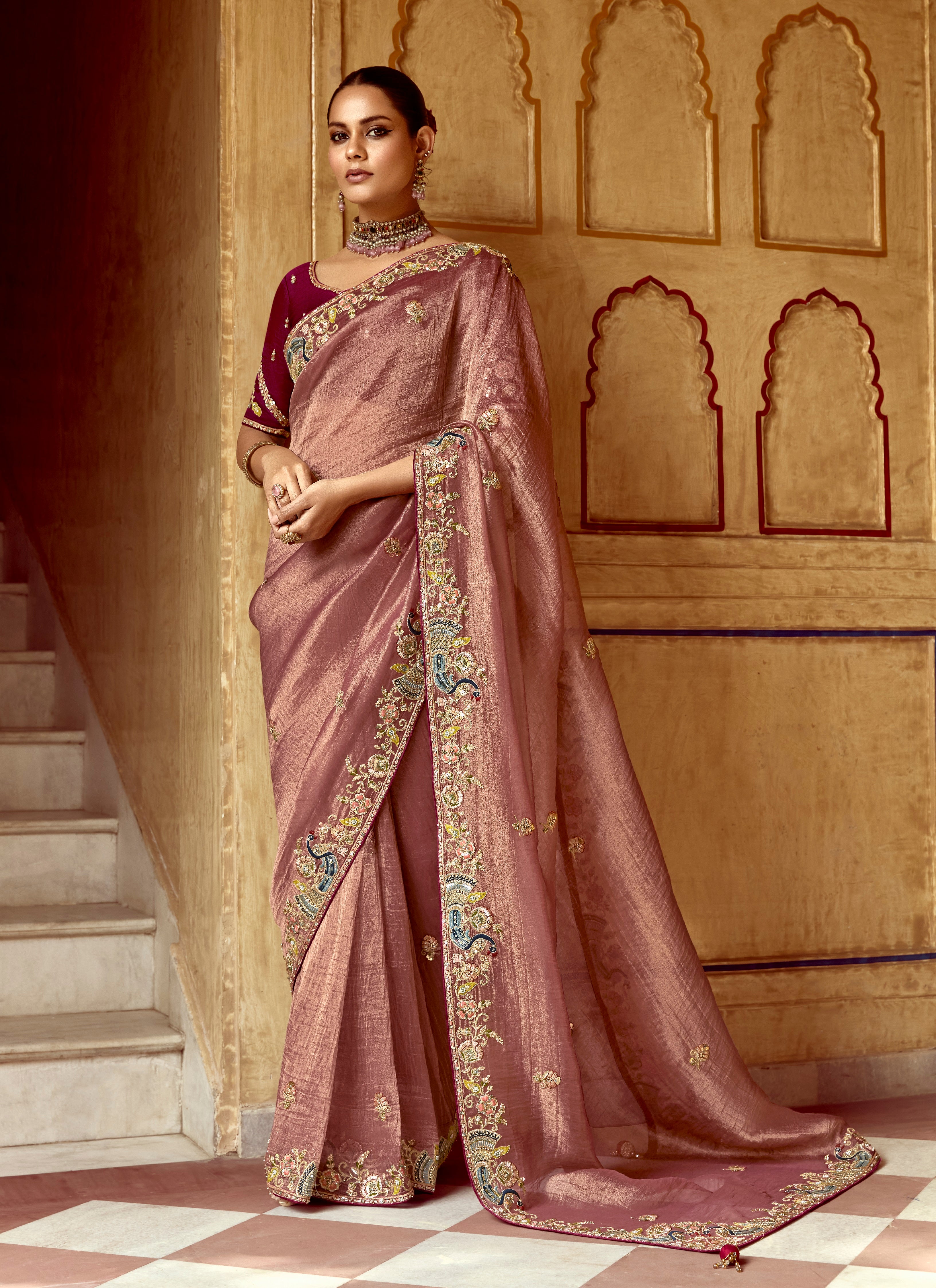 Lite Pink Fancy Fabric Beautified With Sequins ,Dhaga ,Thread Embroidered Work Saree - qivii