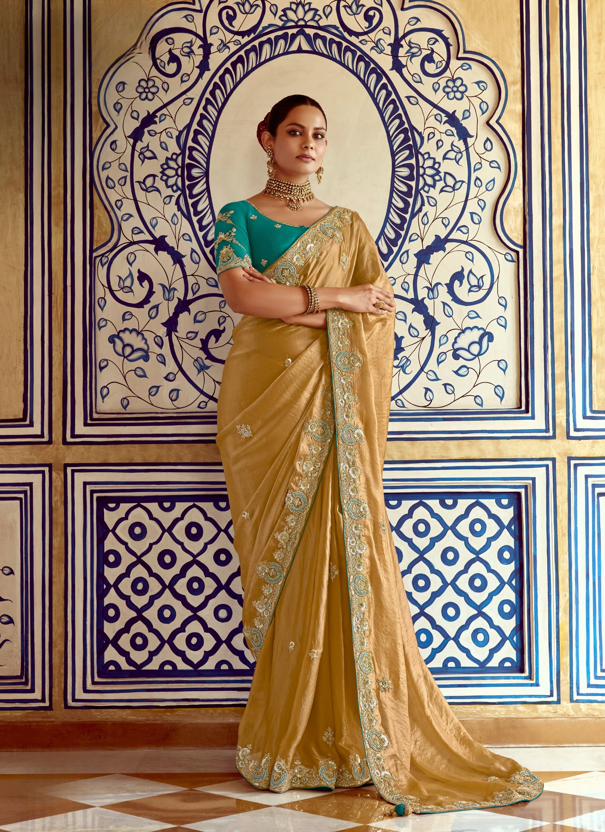 Sky & Yellow Fancy Fabric Embroidered Designer Saree