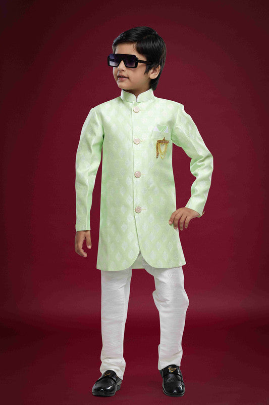 Boy's Pista Green Banarasi Jacquard Woven Work Indo Western Set