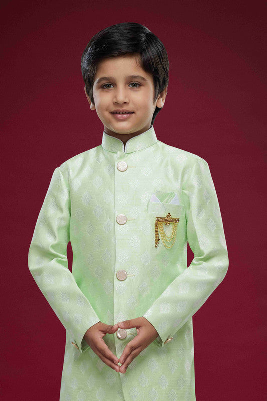 Boy's Pista Green Banarasi Jacquard Woven Work Indo Western Set