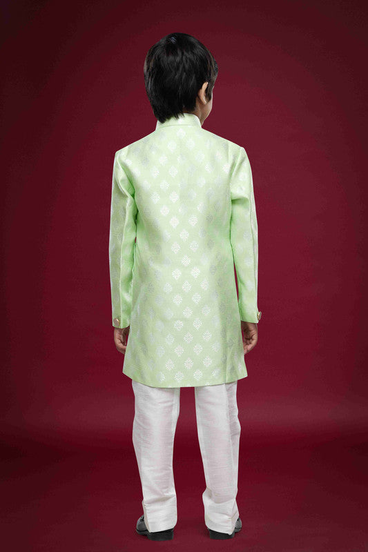 Boy's Pista Green Banarasi Jacquard Woven Work Indo Western Set