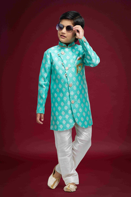 Boy's Sky Blue Banarasi Jacquard Woven Work Indo Western Set