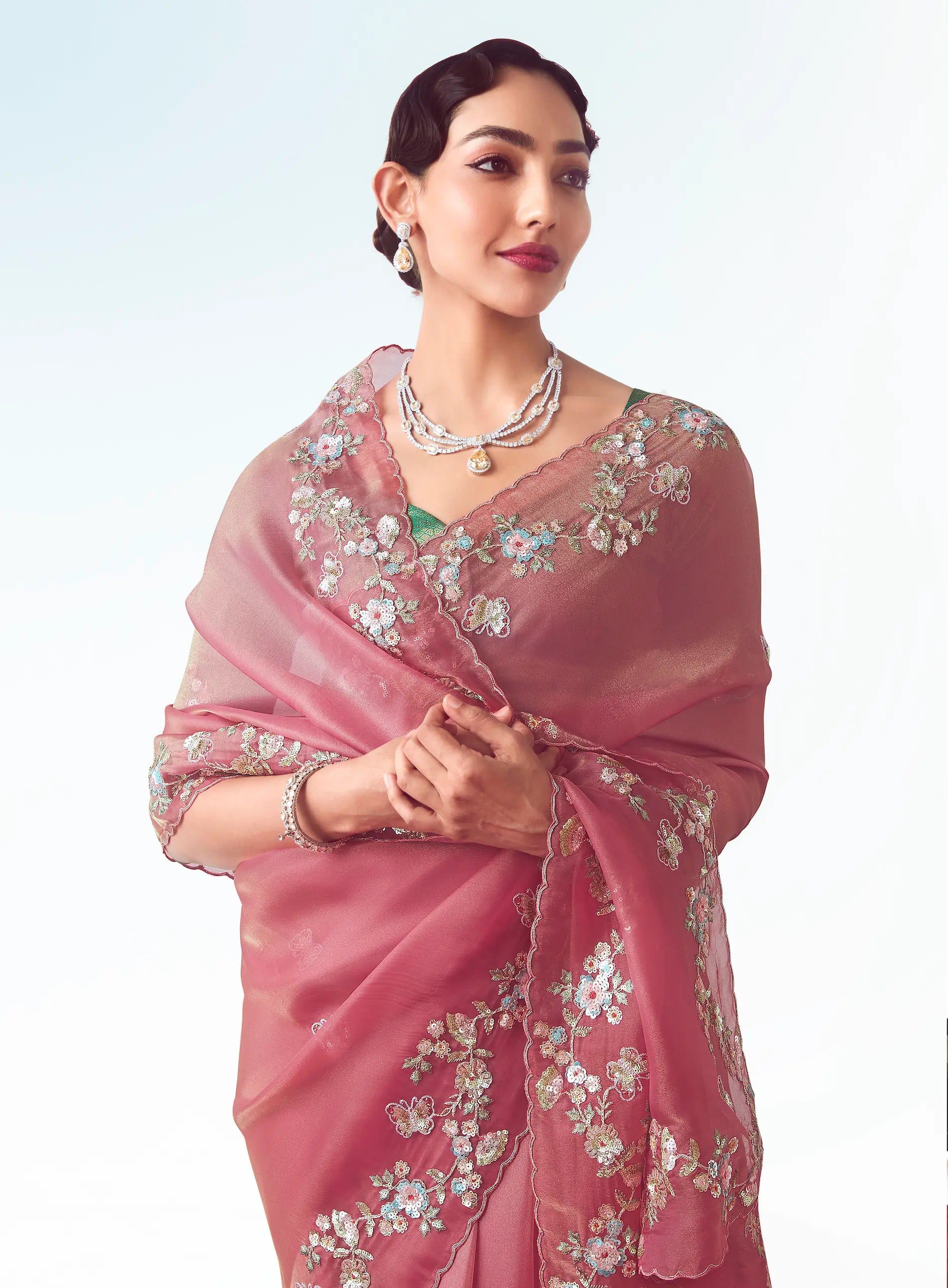 Dusty Pink Party Wear Saree With Embroidery & Hand Work - qivii