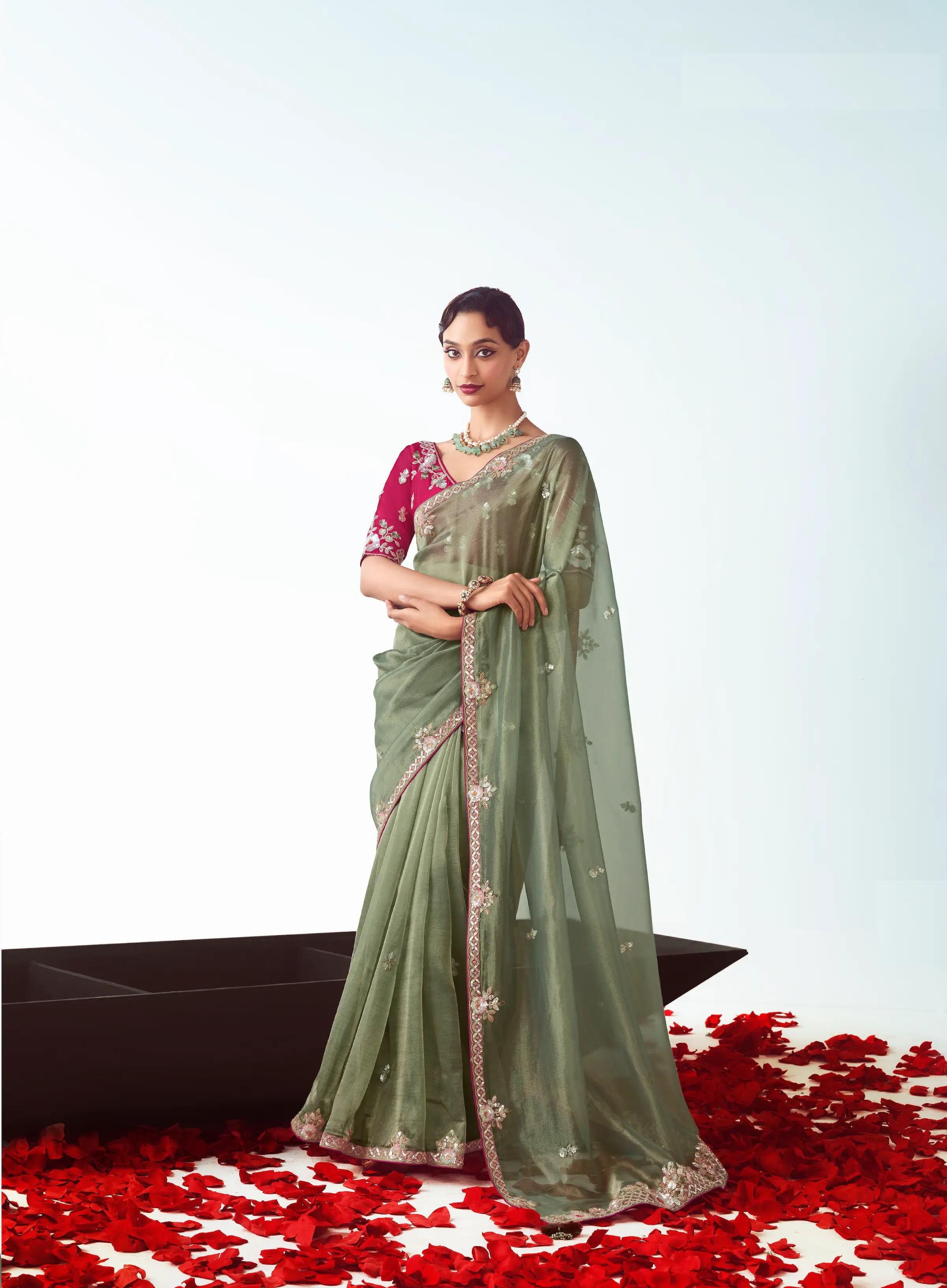 Smoky Green Party Wear Saree With Embroidery & Hand Work - qivii