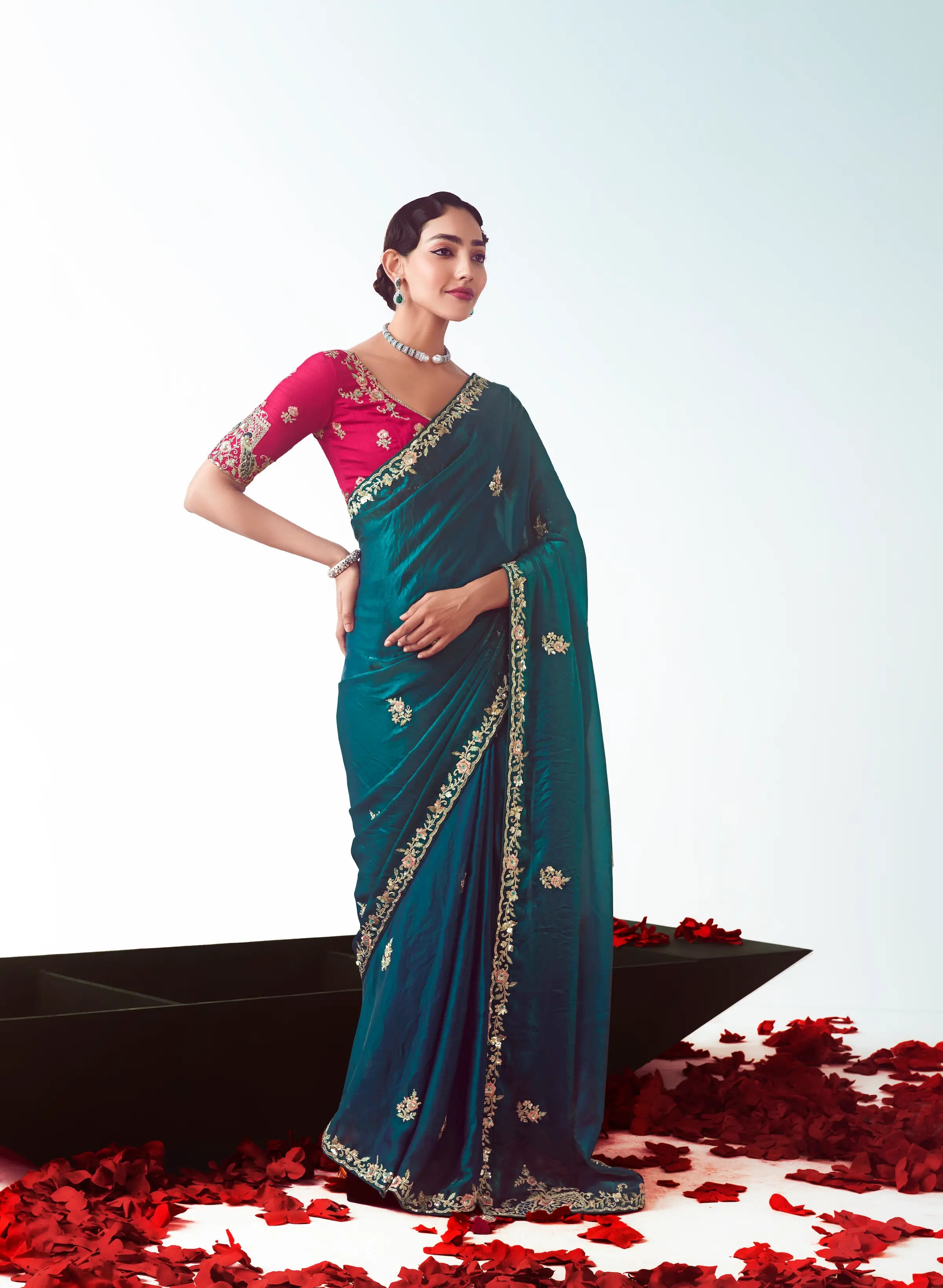 Peacock Blue Party Wear Saree With Embroidery & Hand Work - qivii