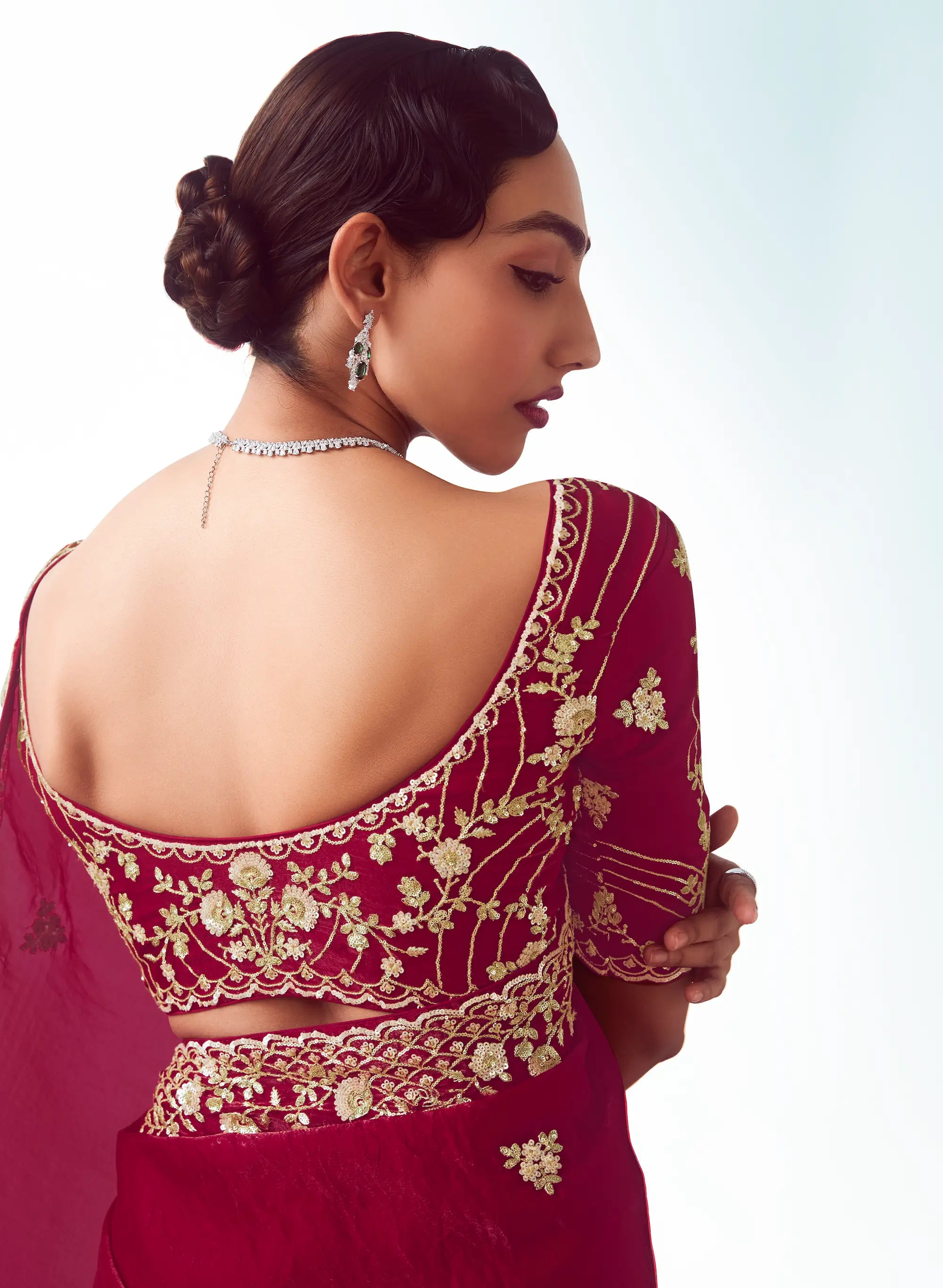 Paprika Red Party Wear Saree With Embroidery & Hand Work - qivii