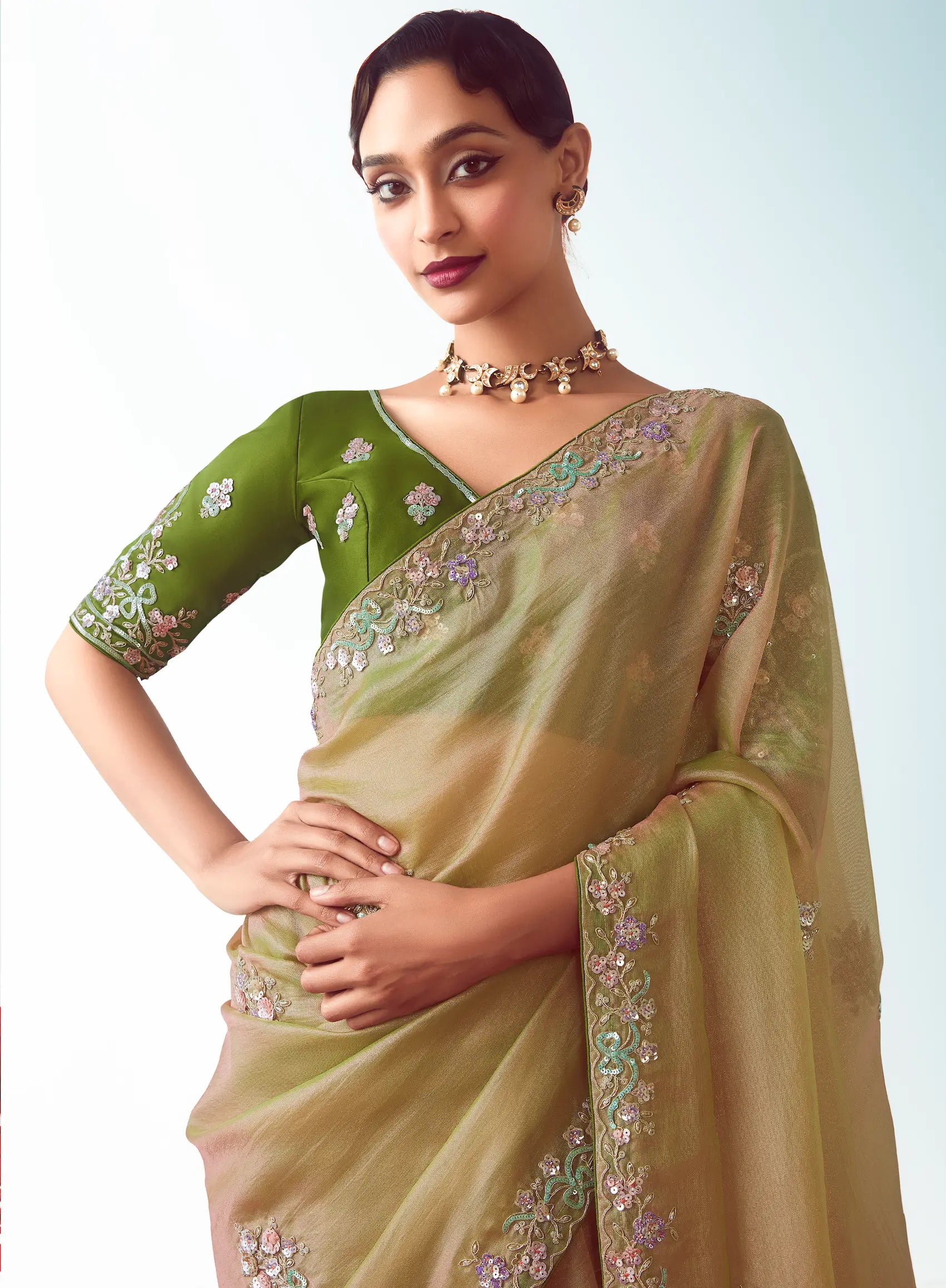 Sand Brown Party Wear Saree With Embroidery & Hand Work - qivii