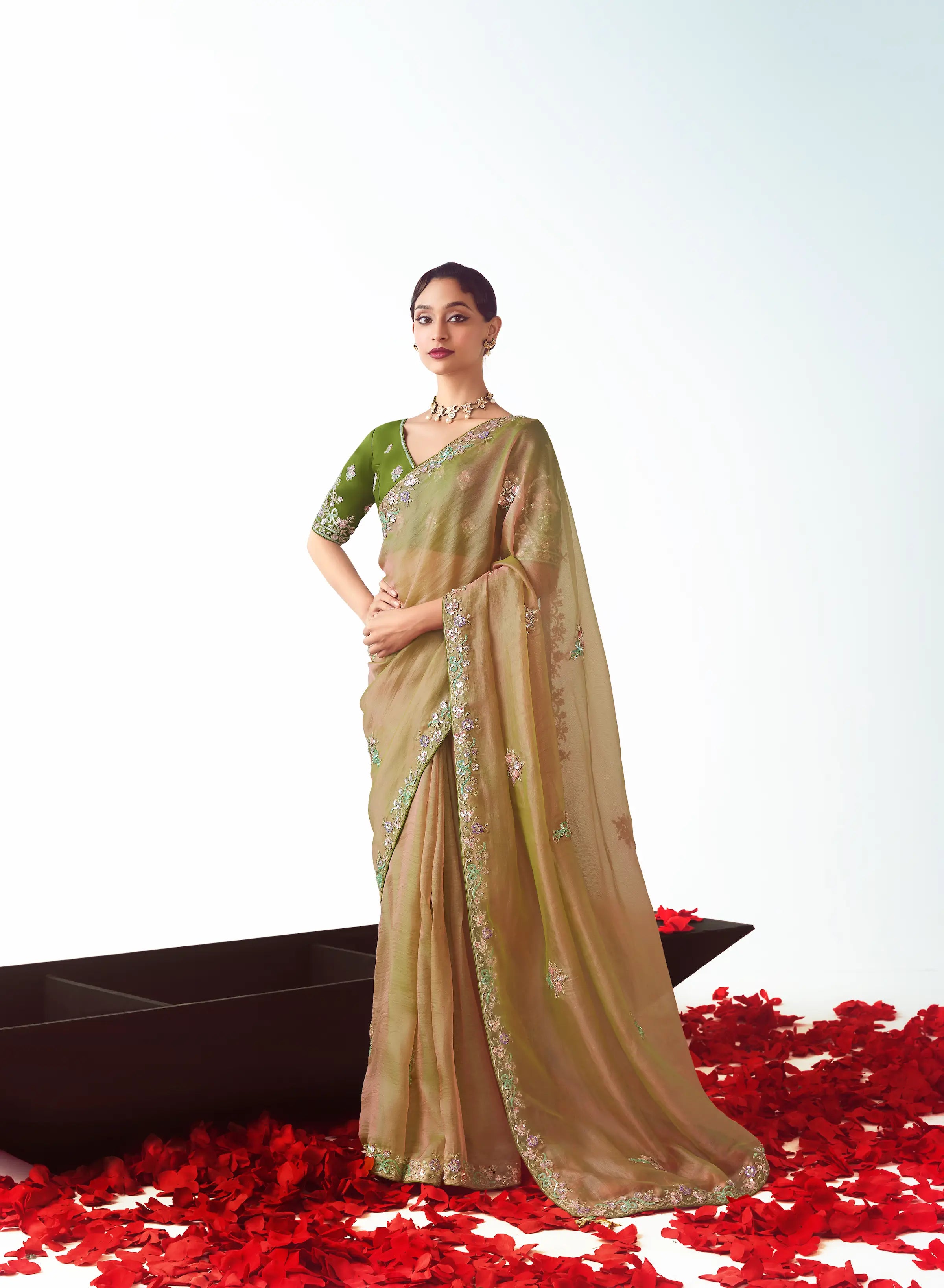 Sand Brown Party Wear Saree With Embroidery & Hand Work - qivii