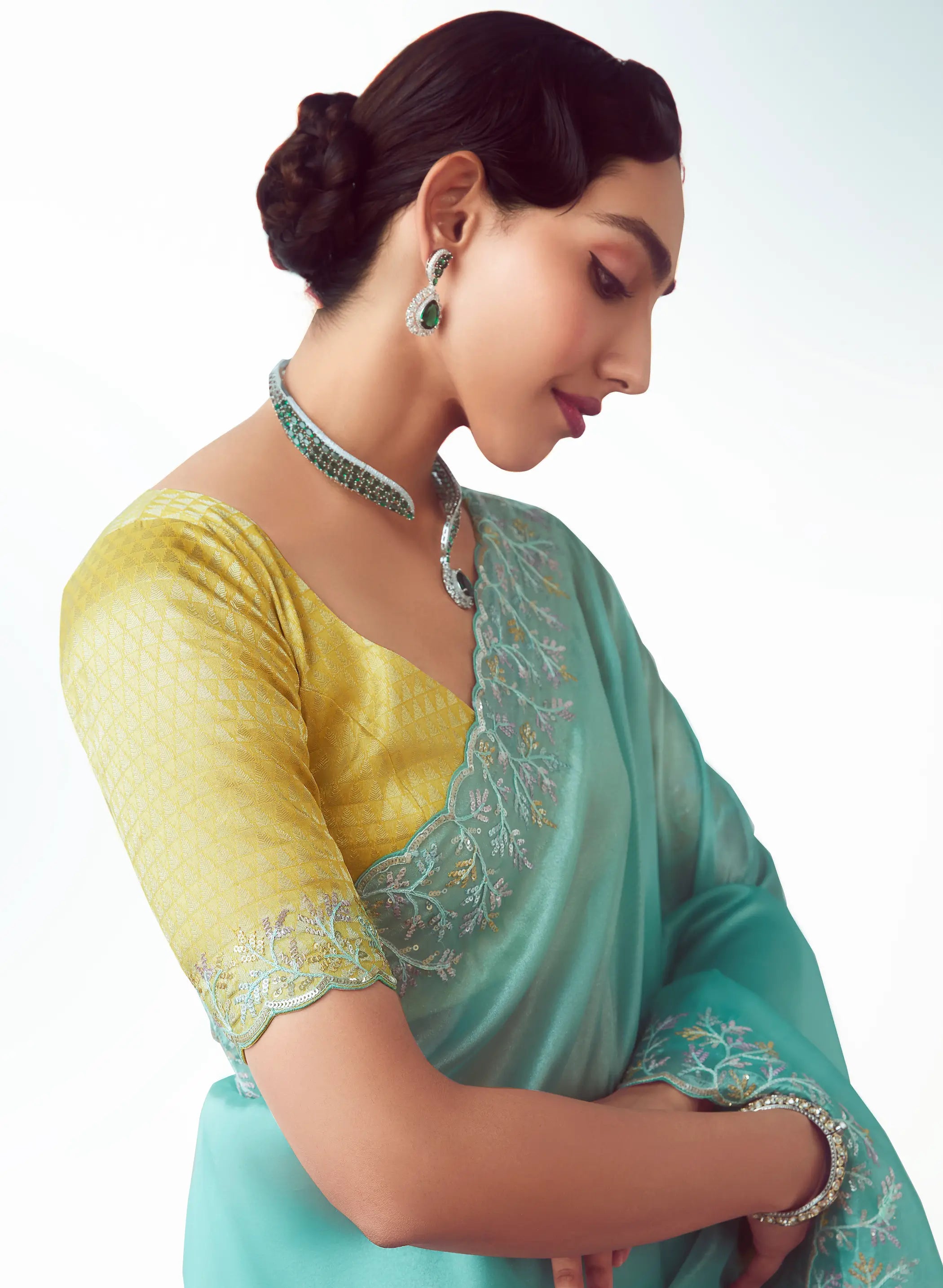 Cyan Blue Party Wear Saree With Embroidery & Hand Work - qivii