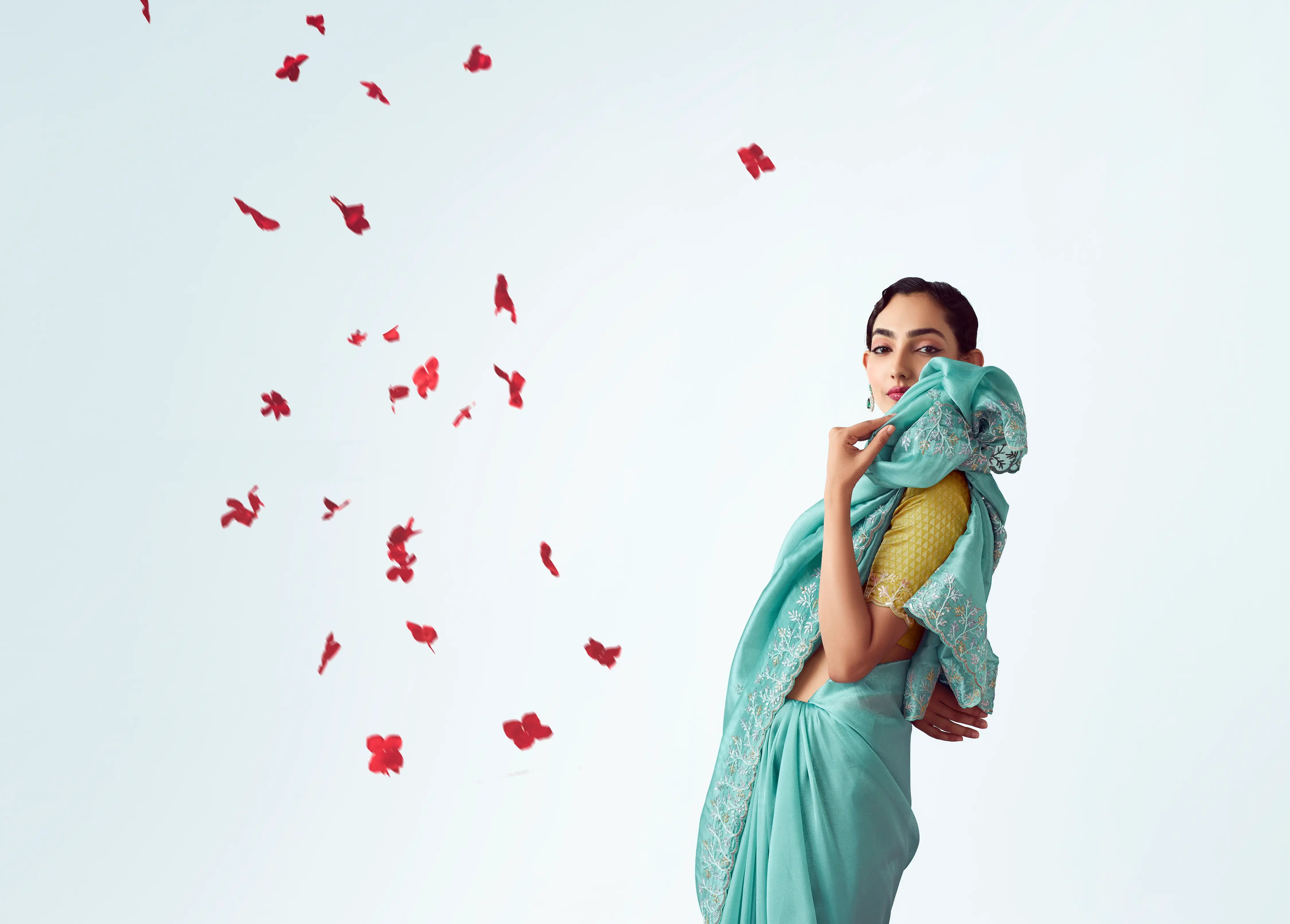 Cyan Blue Party Wear Saree With Embroidery & Hand Work - qivii