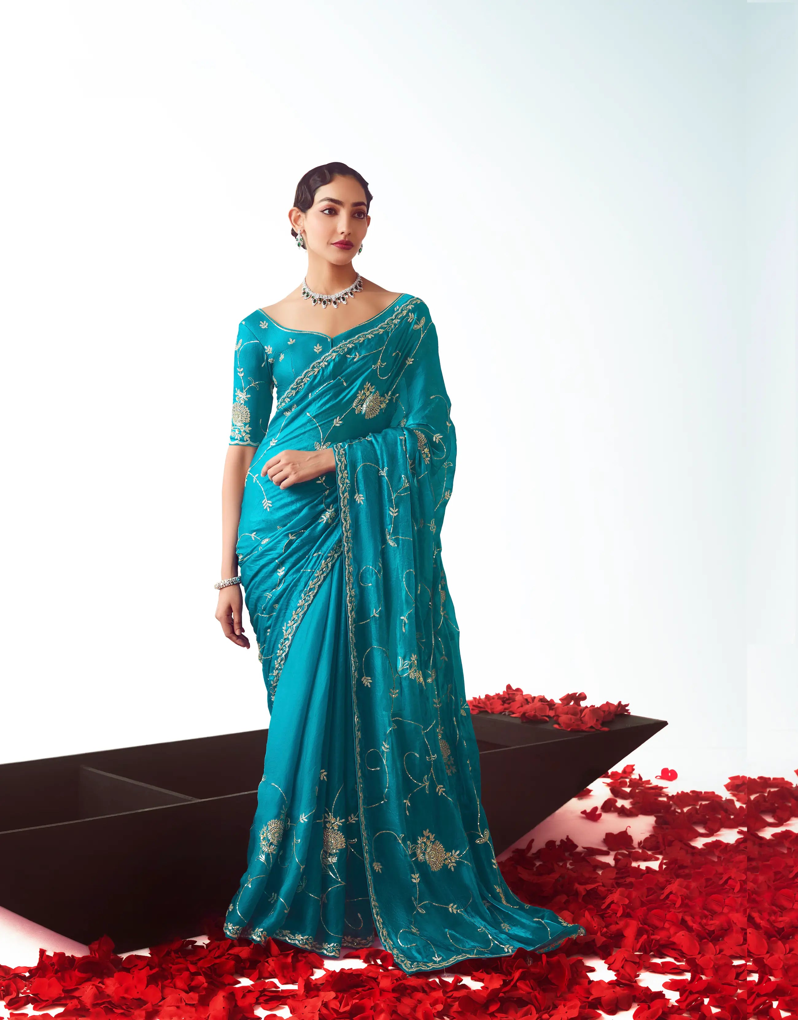 Teal Blue Party Wear Saree With Embroidery & Hand Work - qivii
