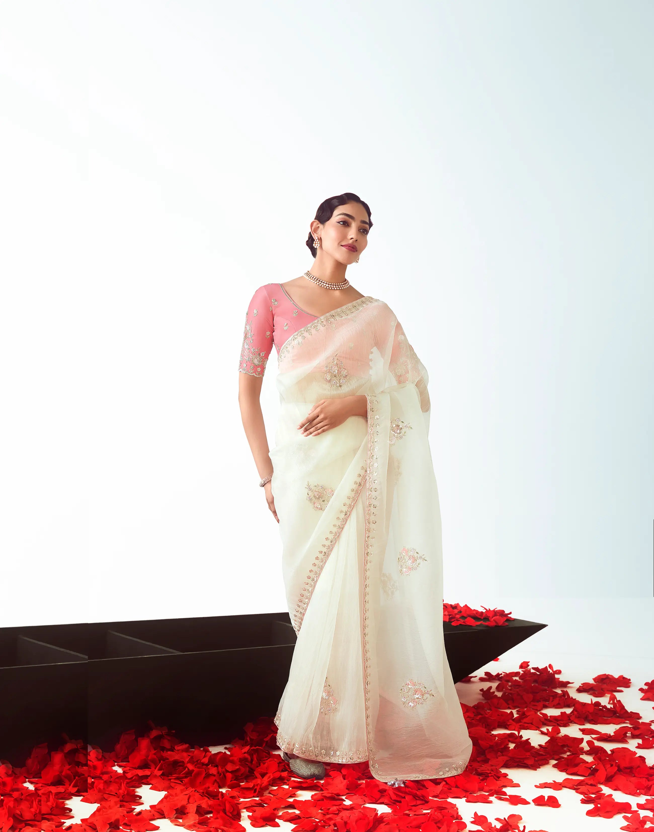 Pearl White Party Wear Saree With Embroidery & Hand Work - qivii