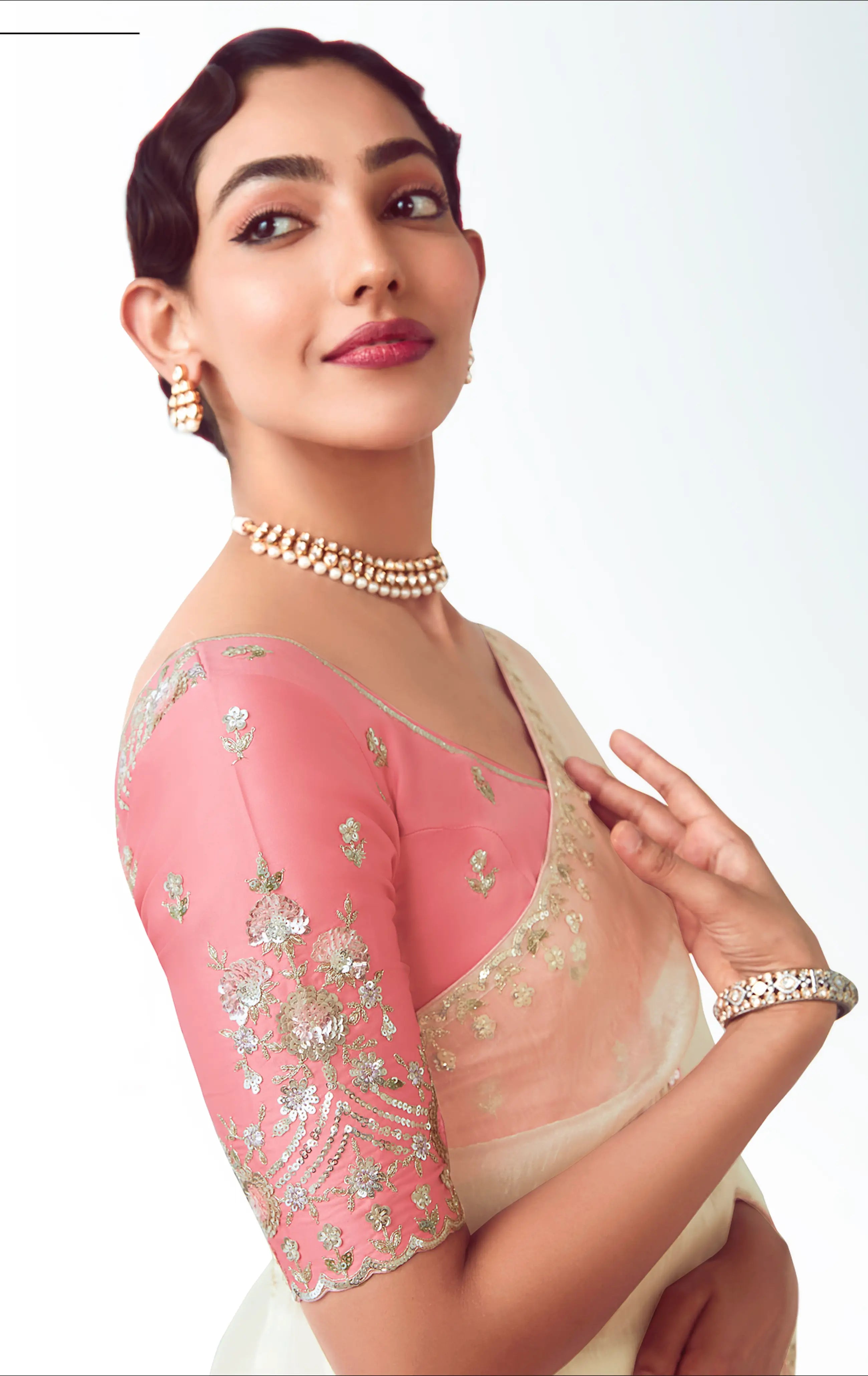 Pearl White Party Wear Saree With Embroidery & Hand Work