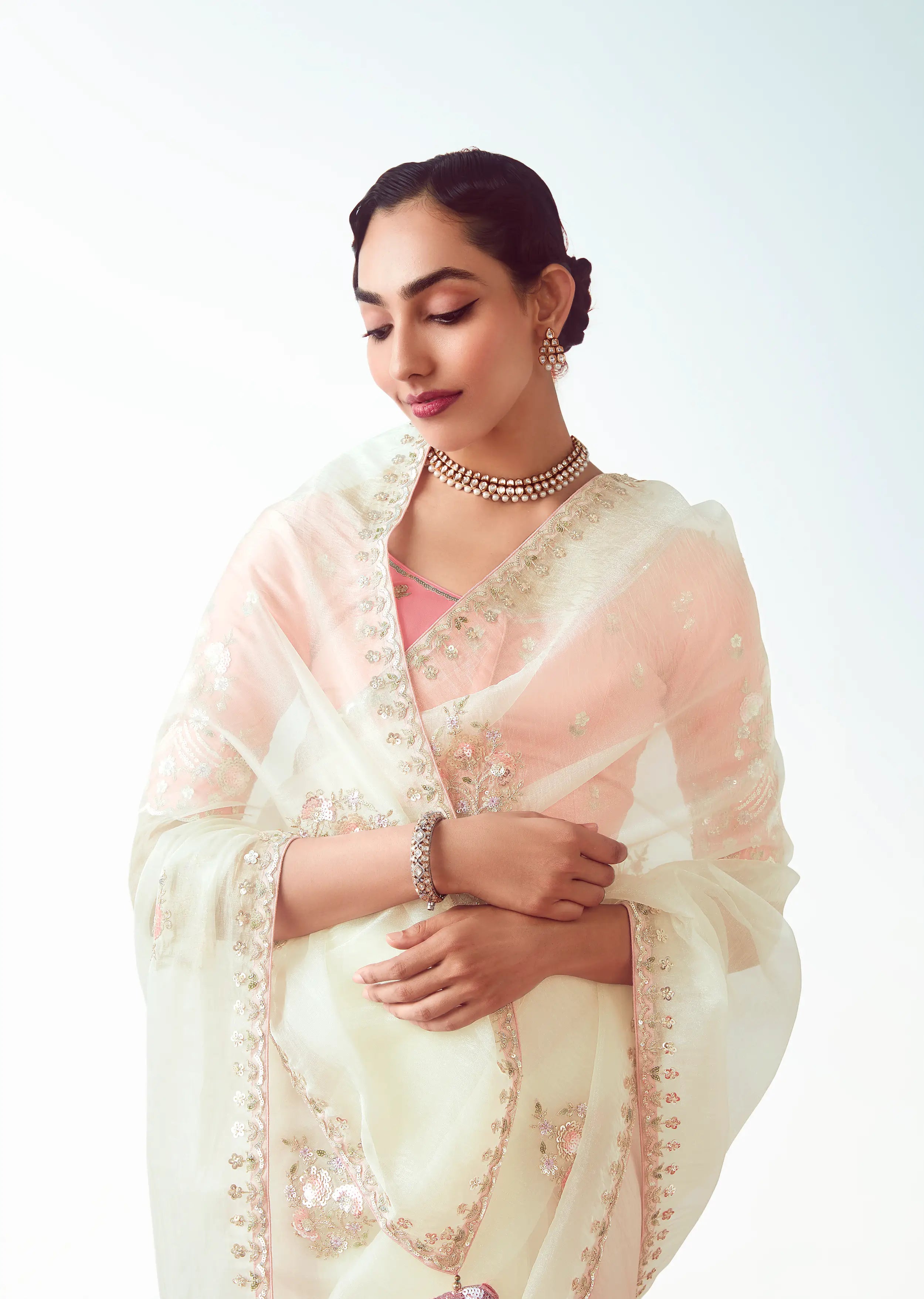 Pearl White Party Wear Saree With Embroidery & Hand Work - qivii