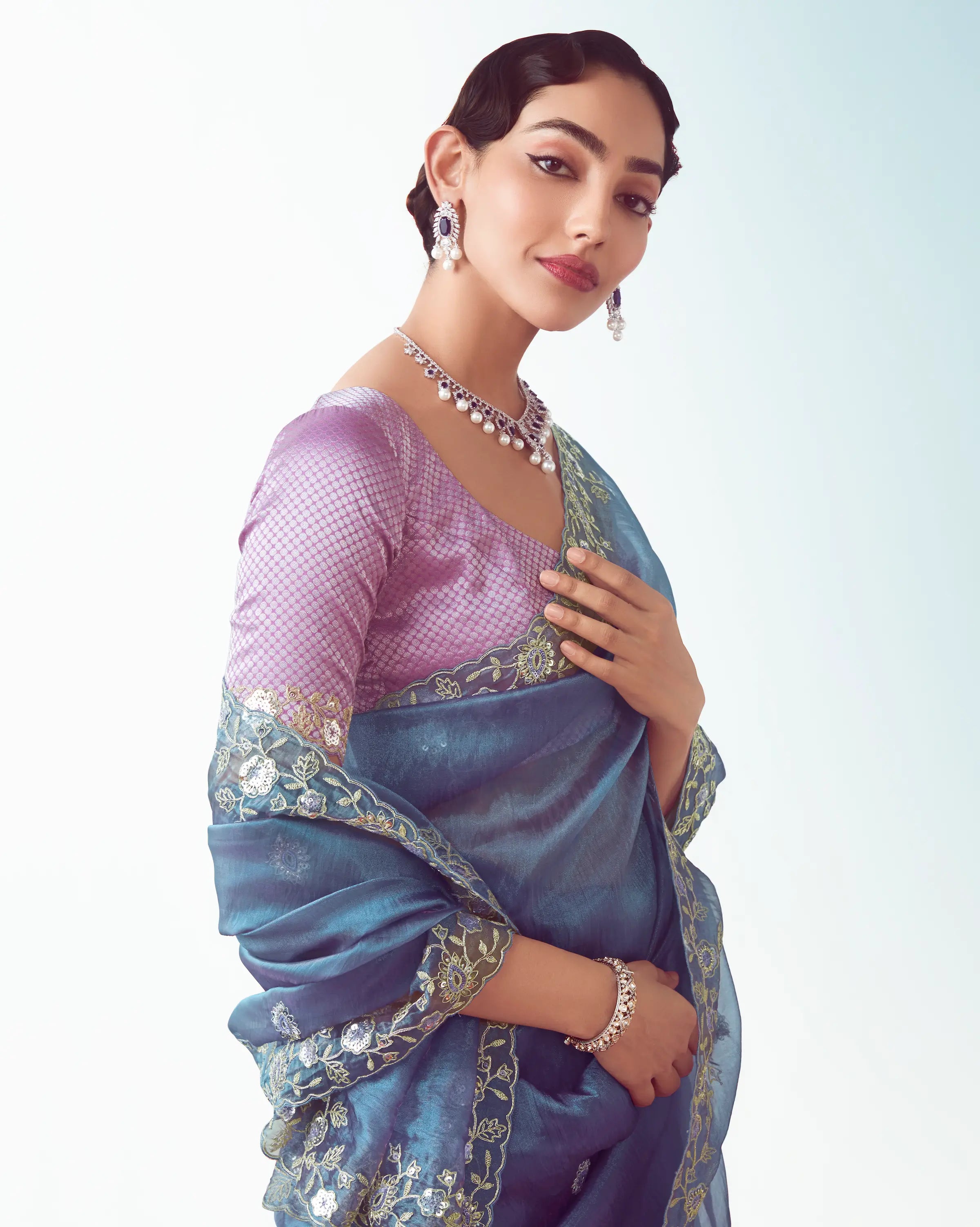 Bluish Grey Party Wear Saree With Embroidery & Hand Work - qivii