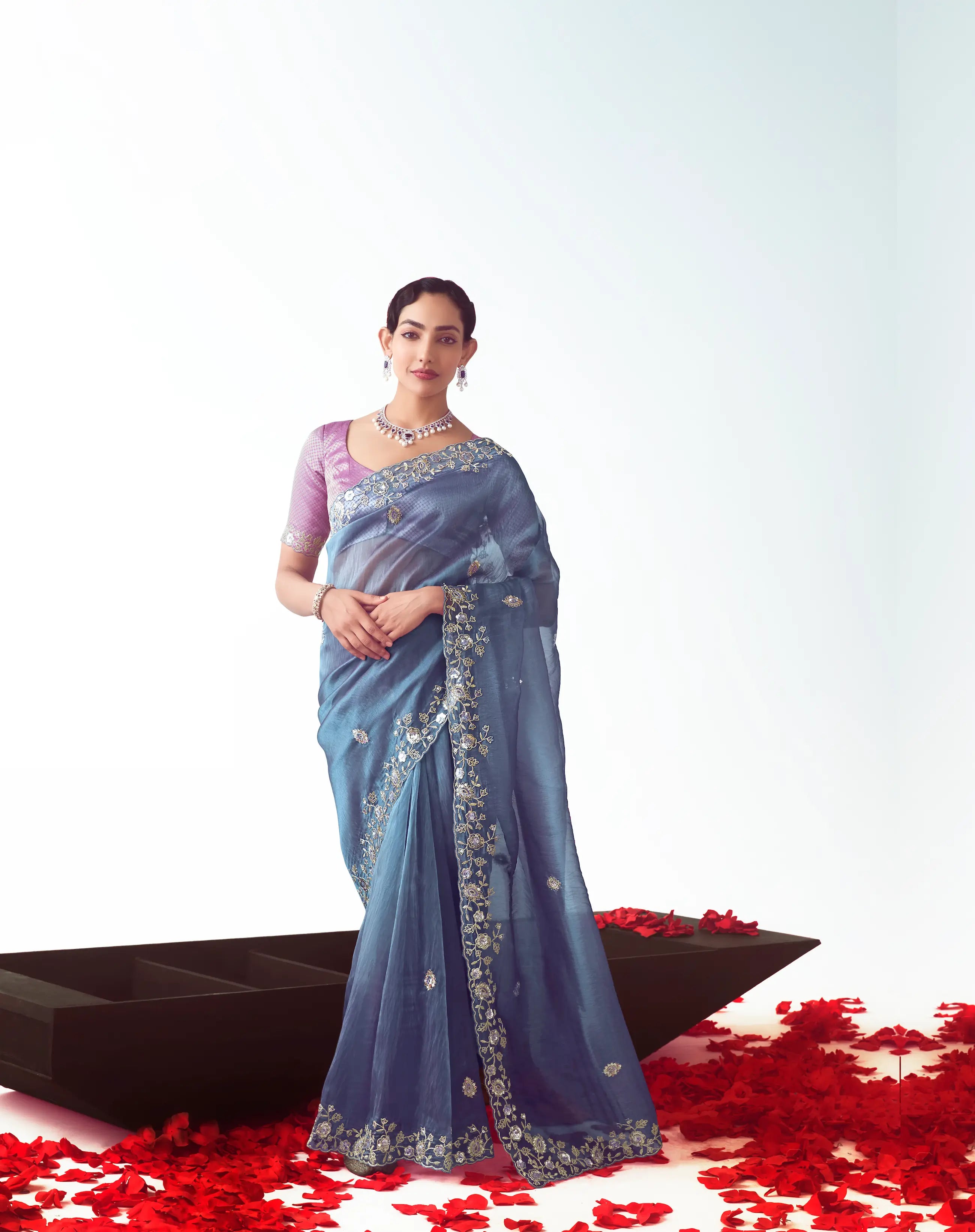 Bluish Grey Party Wear Saree With Embroidery & Hand Work - qivii