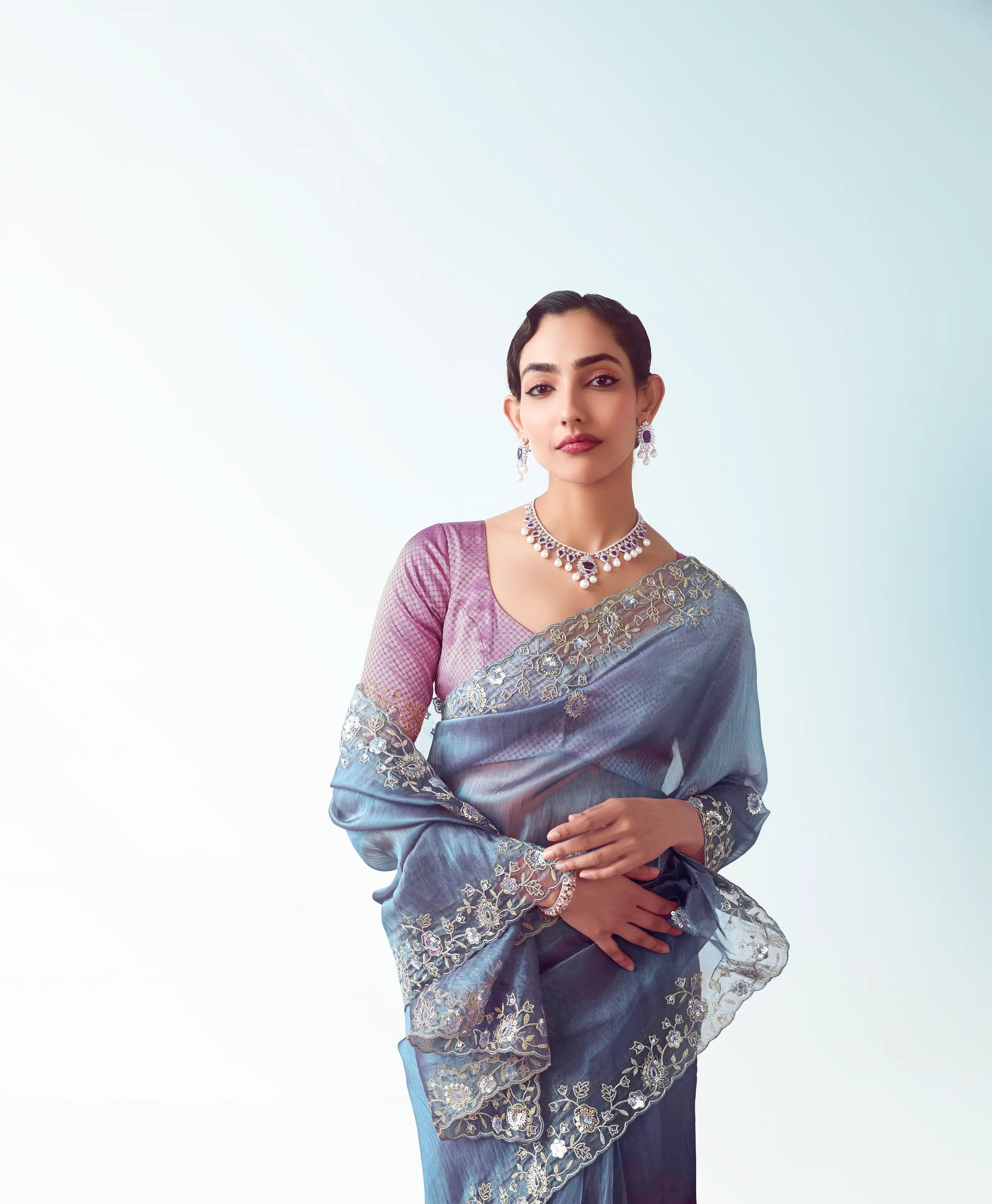 Bluish Grey Party Wear Saree With Embroidery & Hand Work - qivii