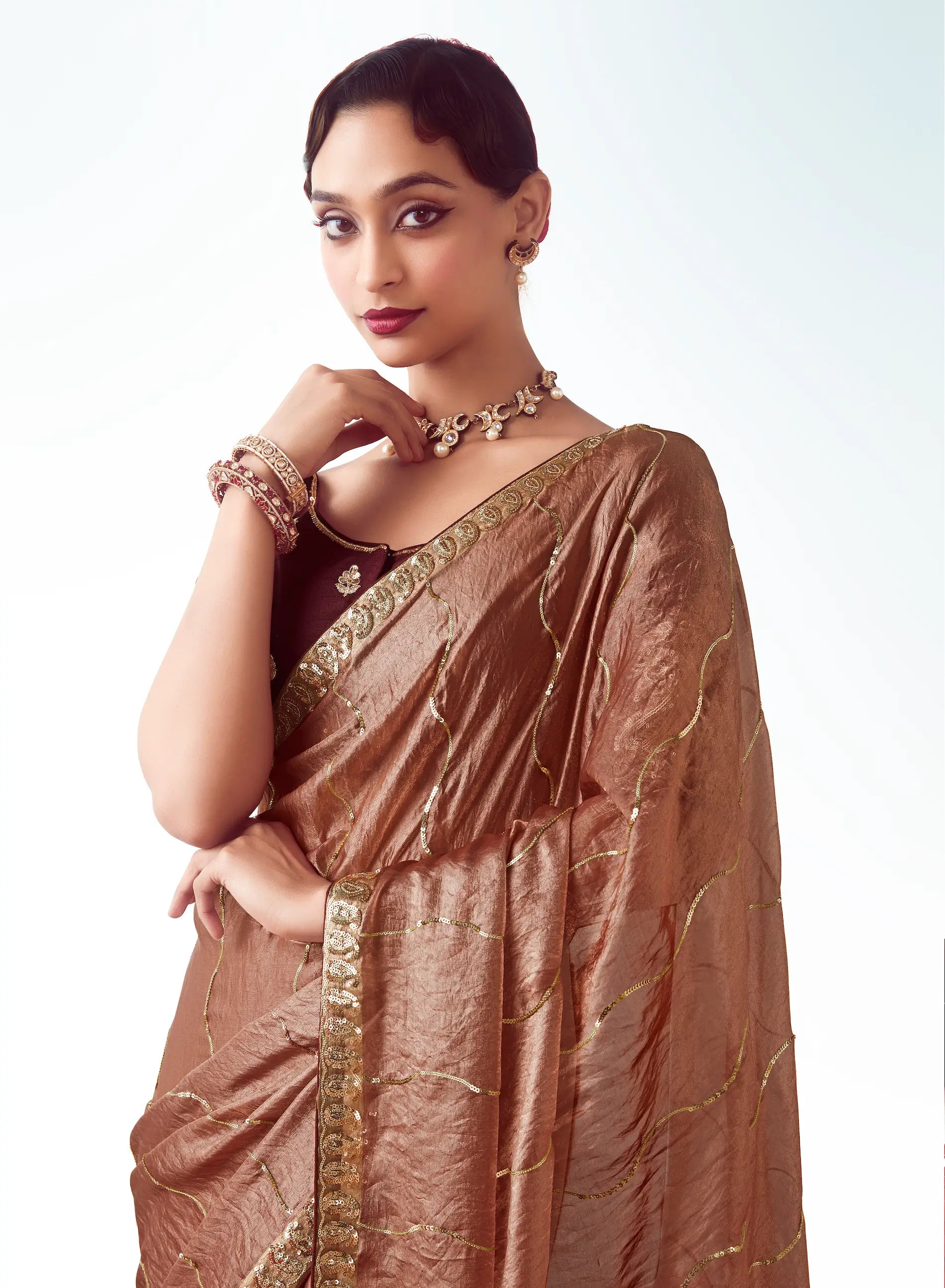 Bear Brown Party Wear Saree With Embroidery & Hand Work - qivii