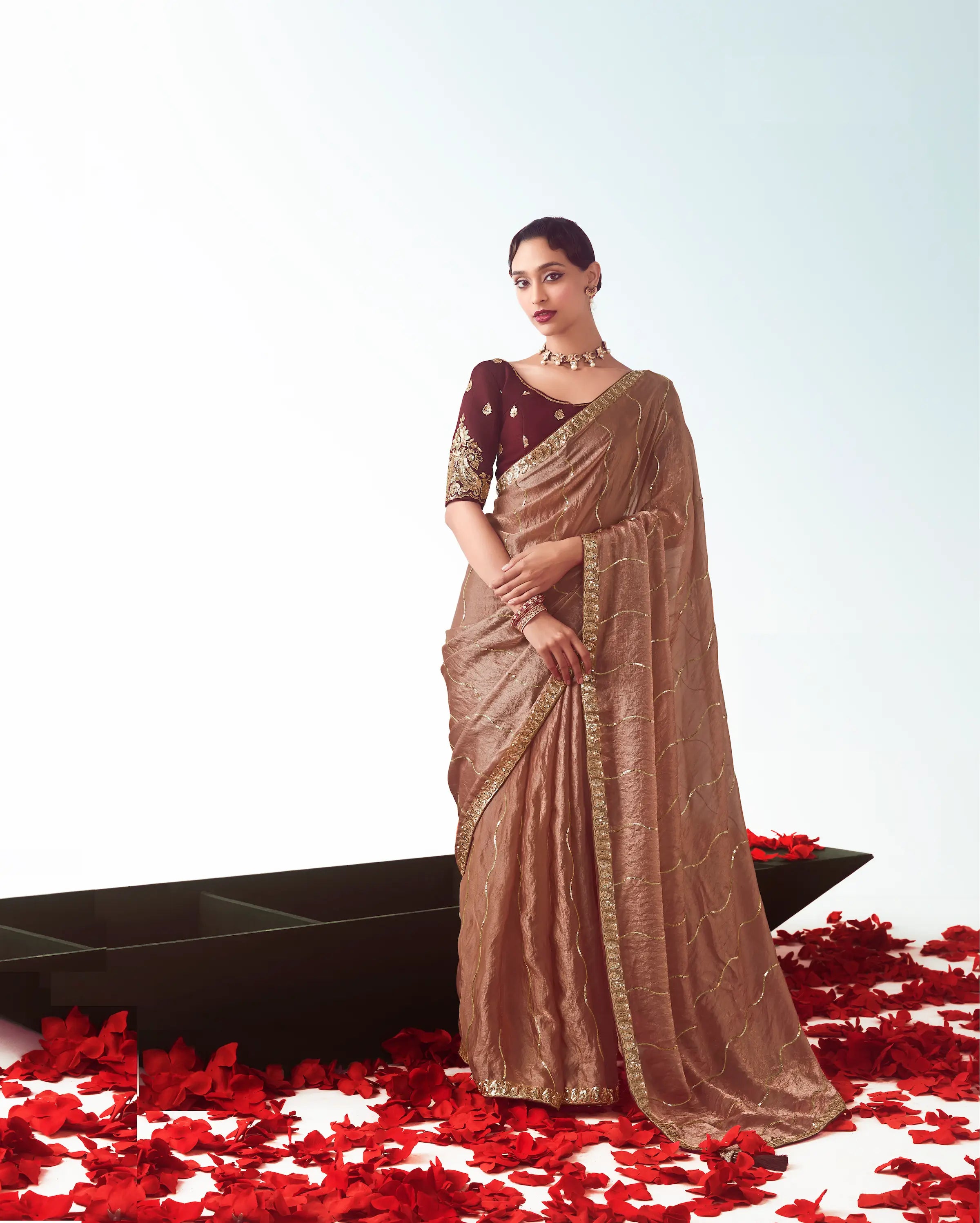 Bear Brown Party Wear Saree With Embroidery & Hand Work - qivii
