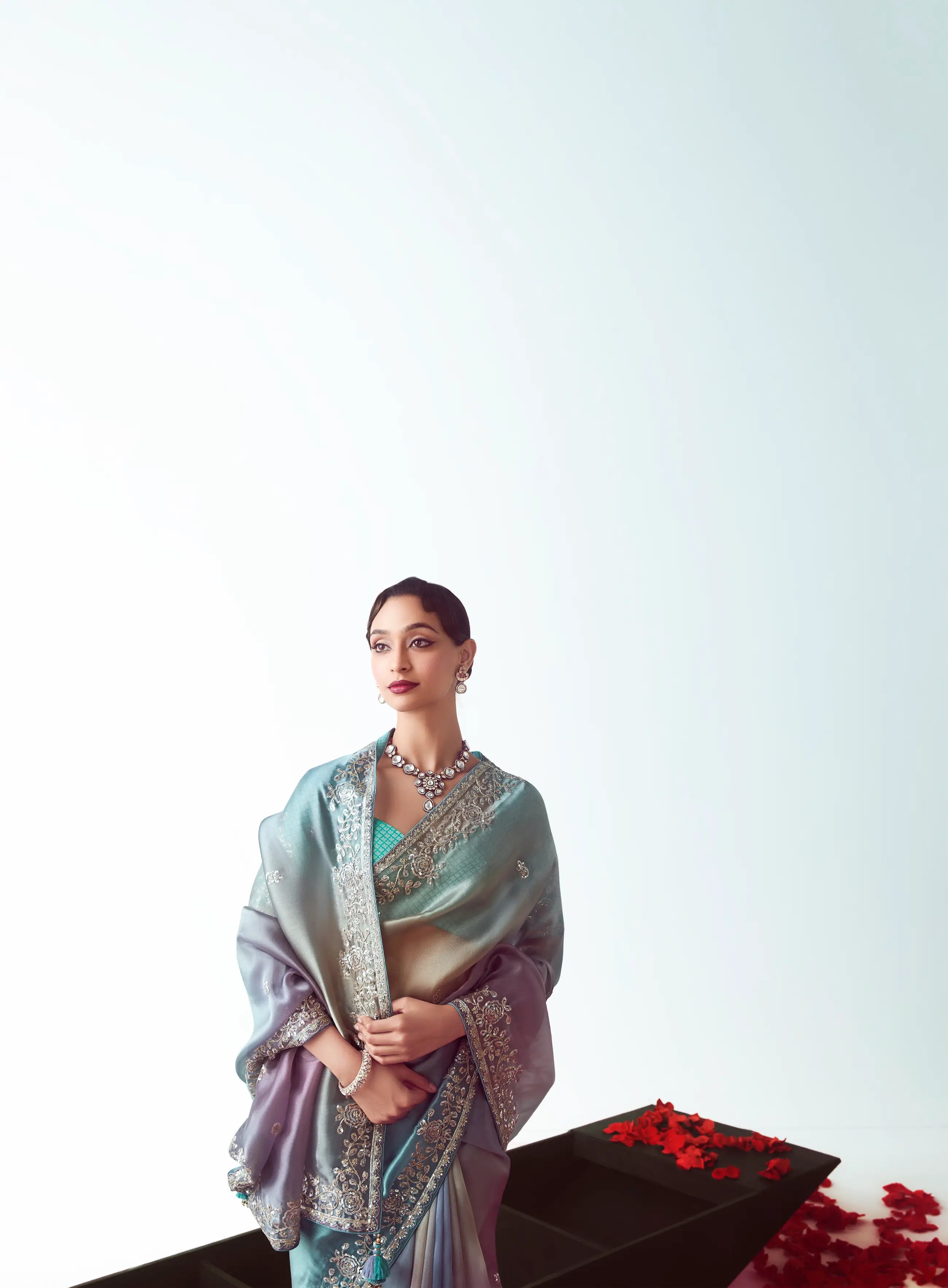 Blue Multicolor Party Wear Saree With Embroidery & Hand Work - qivii